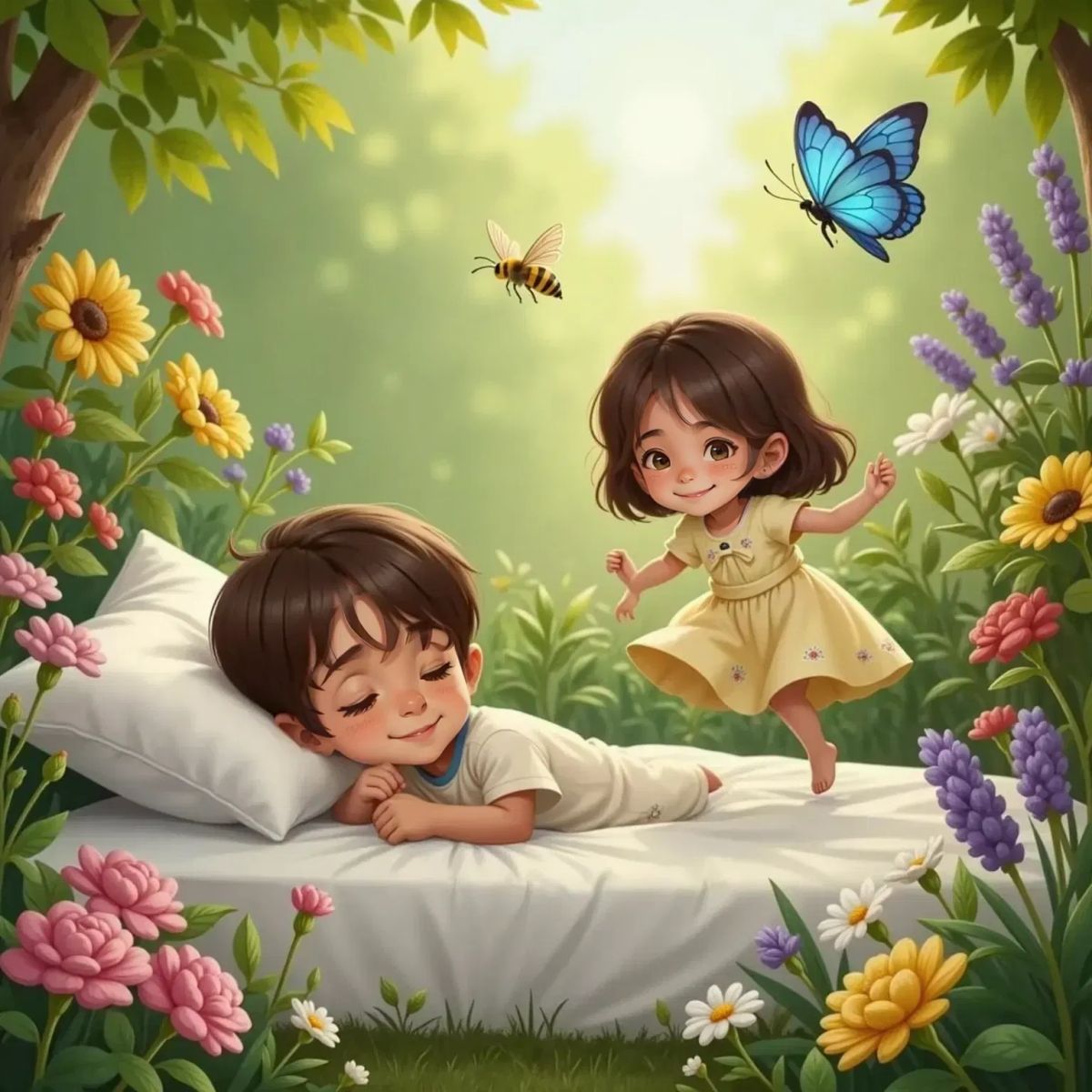 Lua dormido sobre una cama blanca, rodeado de un jardín brillante y colorido. Lila, una niña de 5 años de cabello castaño claro, salta alegre entre flores de colores. Una mariposa azul grande flota cerca de ellos.
