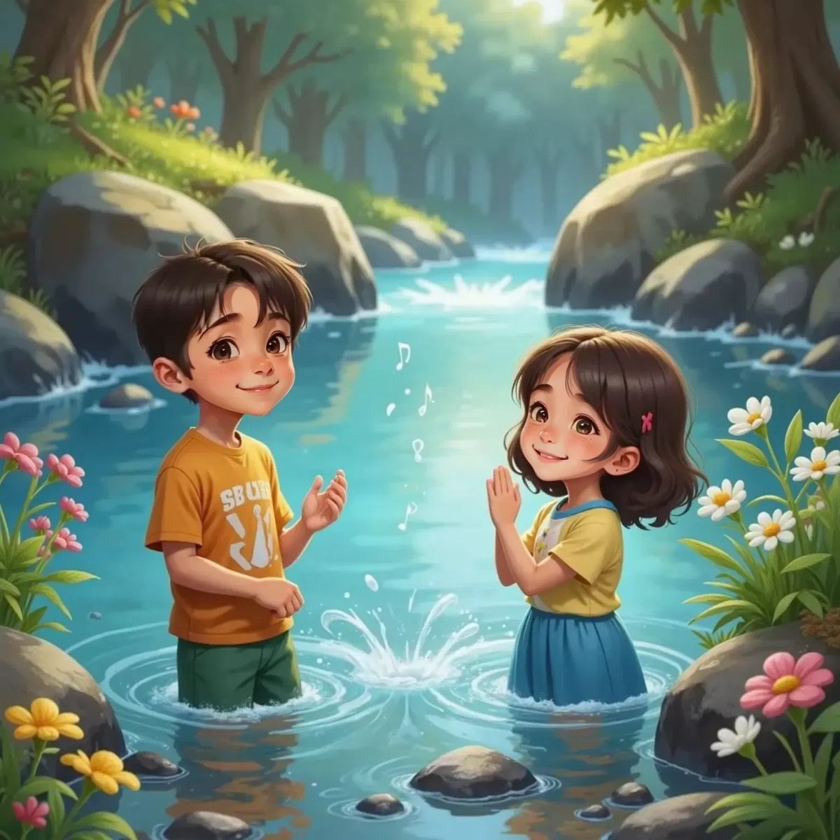 Lua y Lila de pie junto a un río azul que brilla, con piedras grandes en el agua. Lila sonríe y aplaude, mientras Lua canta con una expresión alegre. Notas musicales flotan sobre el río.