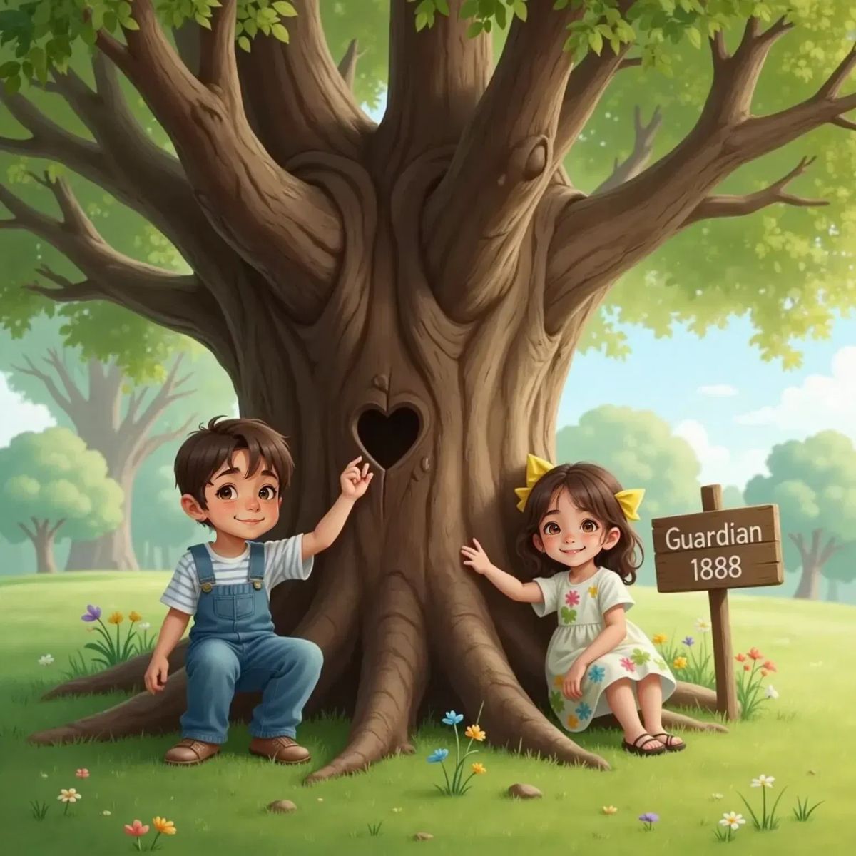 Lua y Lila sentados bajo un árbol enorme de tronco grueso y ramas extendidas. Lua, con expresión asombrada, talla un corazón en la corteza con su dedo. Lila abraza el tronco con una sonrisa dulce.