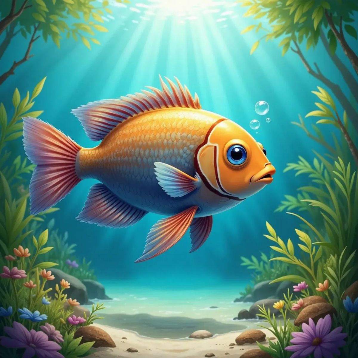 Finny, a very colorful fish with shiny scales, swimming in clear blue water with bubbles around him, showing off his fins and tail. Underwater plants in the background.