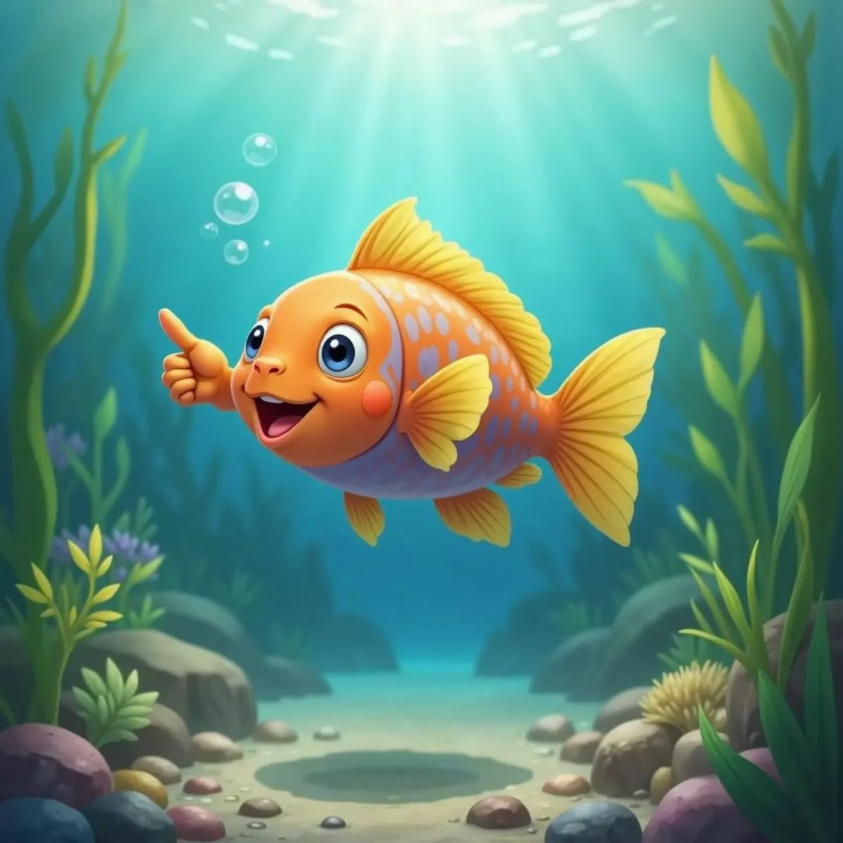 Finny, a very colorful fish, pointing to his fins and puffing out his cheeks, with his gills visible. Blue water and small stones on the bottom.