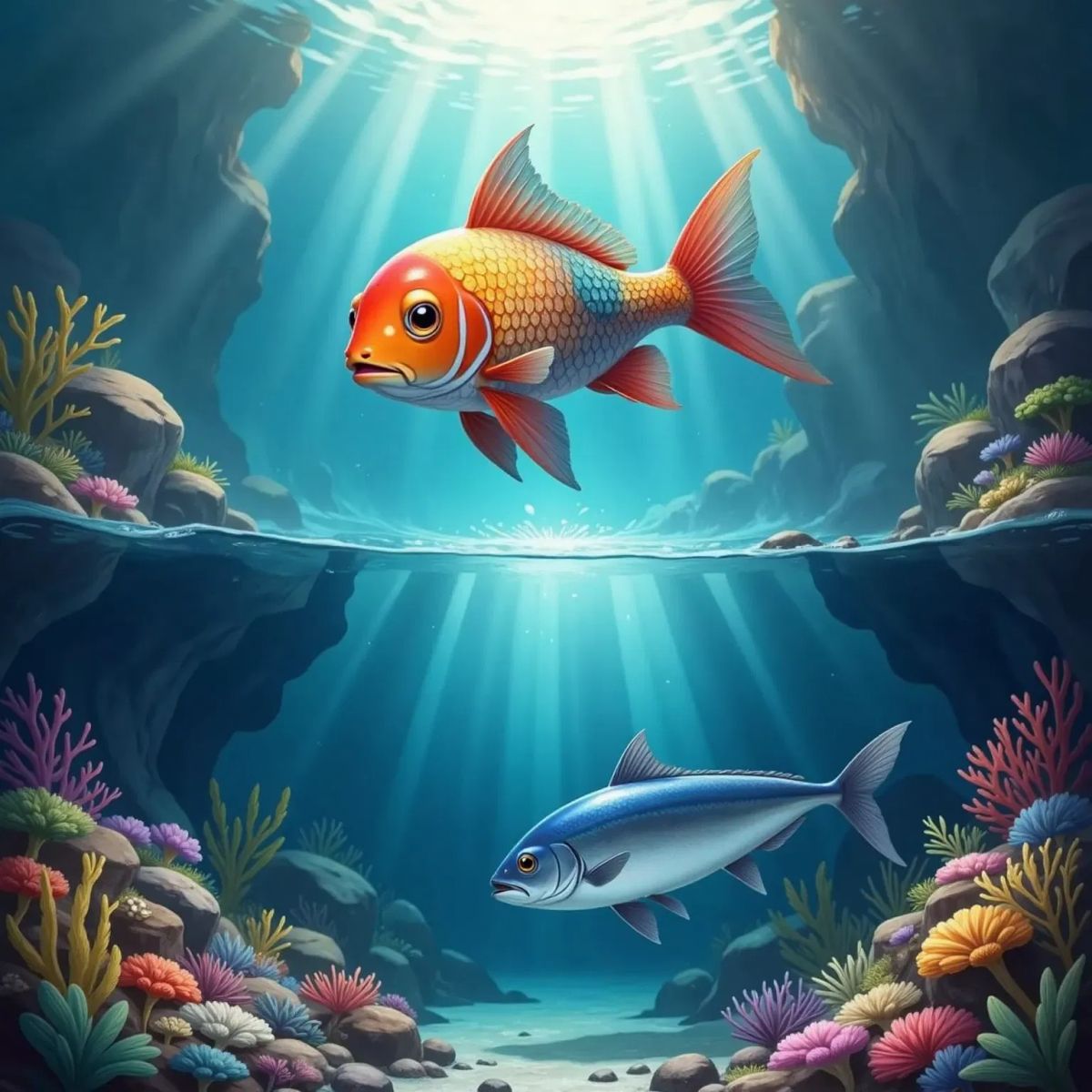 Finny, a very colorful fish, smiling in a blue lake alongside a silvery trout. In another part of the illustration, a blue tuna swims in the ocean with coral and seaweed, and a shadowy deep-sea background.