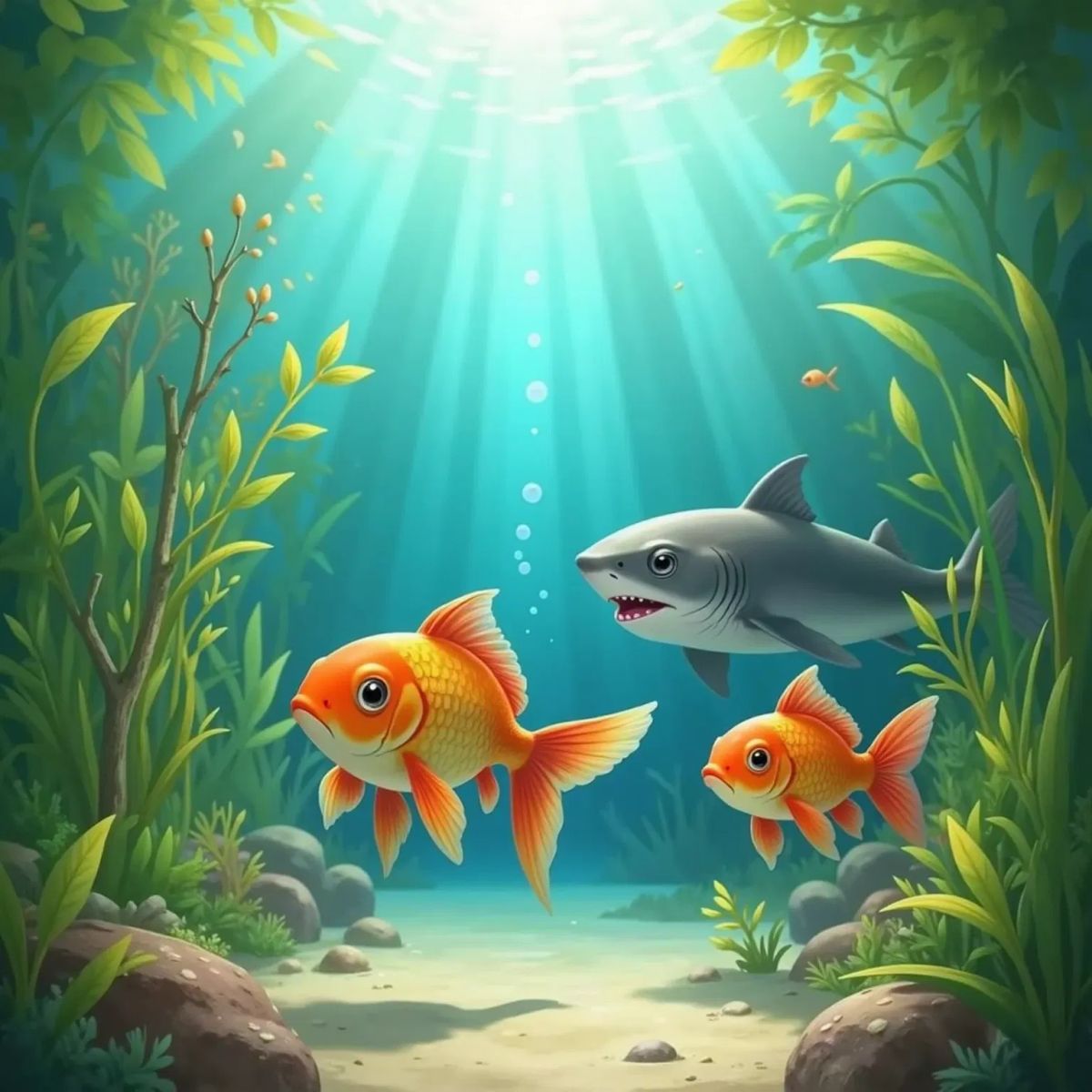 Finny, a very colorful fish, wiggling near green underwater plants. Goldie, an orange goldfish, nibbles leaves, while a grey shark with a big mouth is nearby. Blue water background.