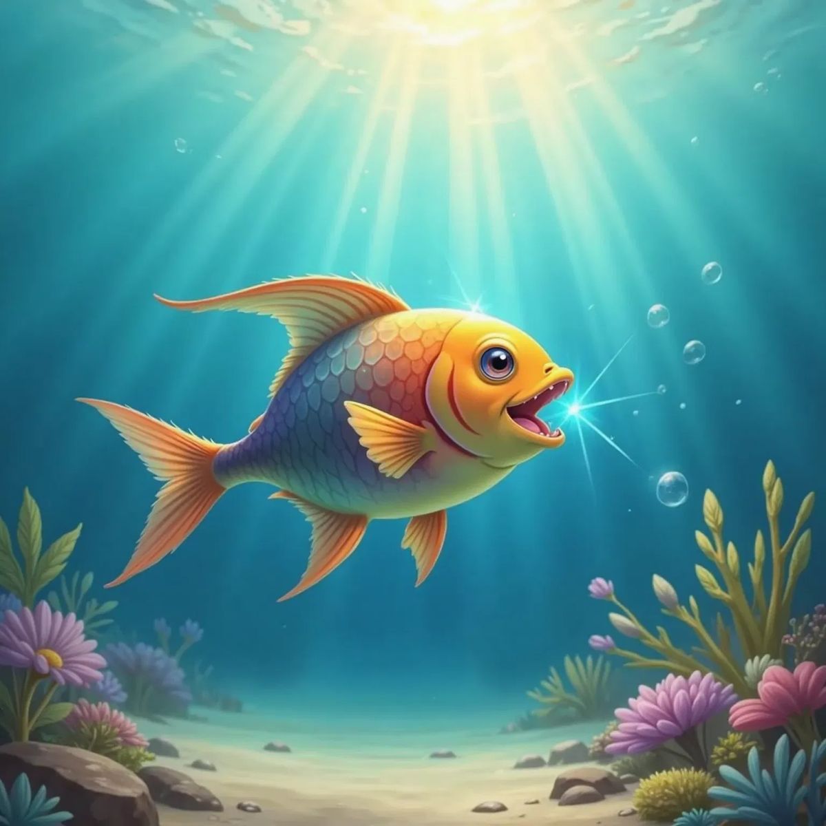 Finny, a very colorful fish, with his mouth open and water flowing through his gills, looking happy. Magical filter-like gills are highlighted. Blue water with gentle light beams.