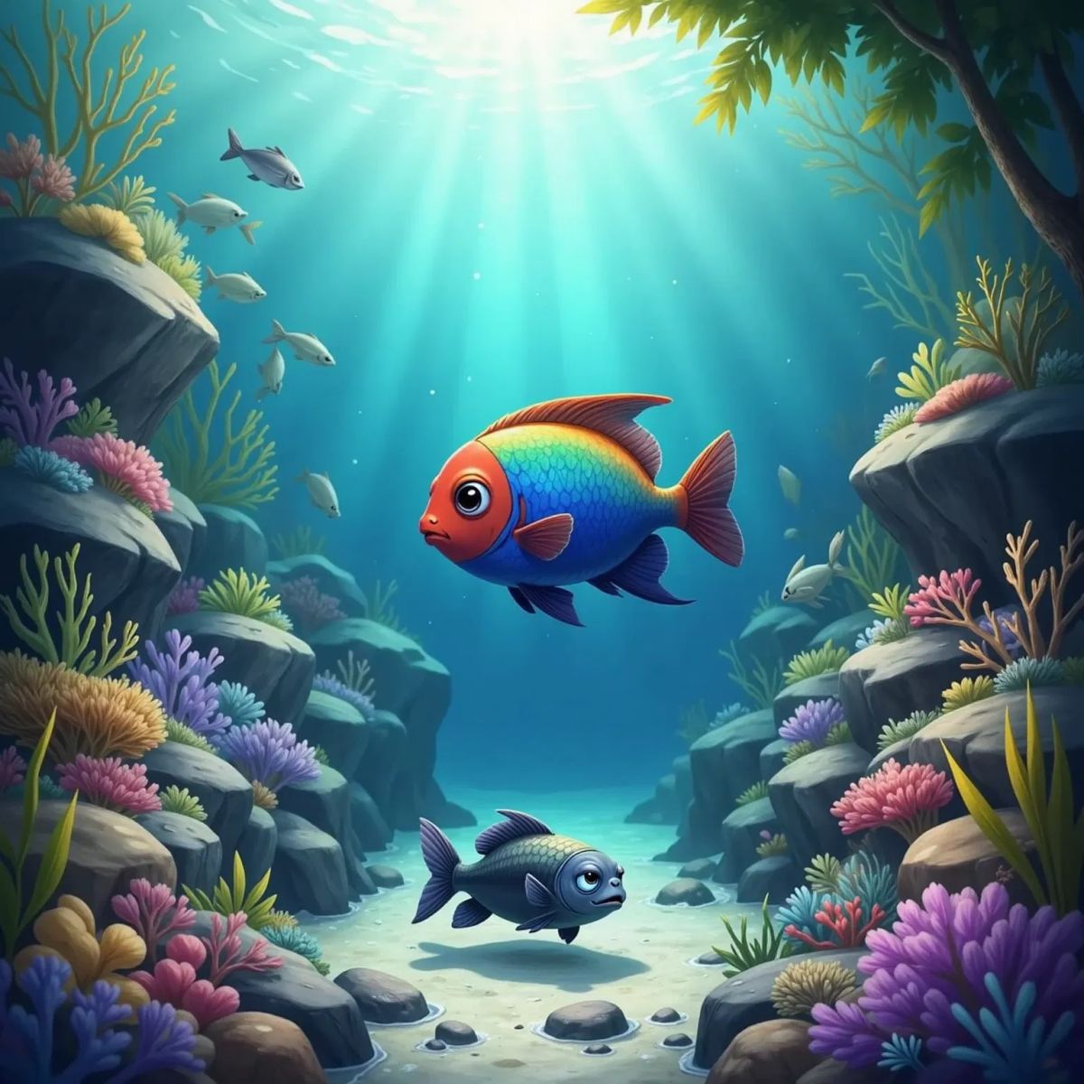 A fish camouflaged as a rock on the seabed, with Finny, a very colorful fish, swimming in a school of other fish. Another fish with sharp teeth is visible. Underwater plants and rocks in the background.