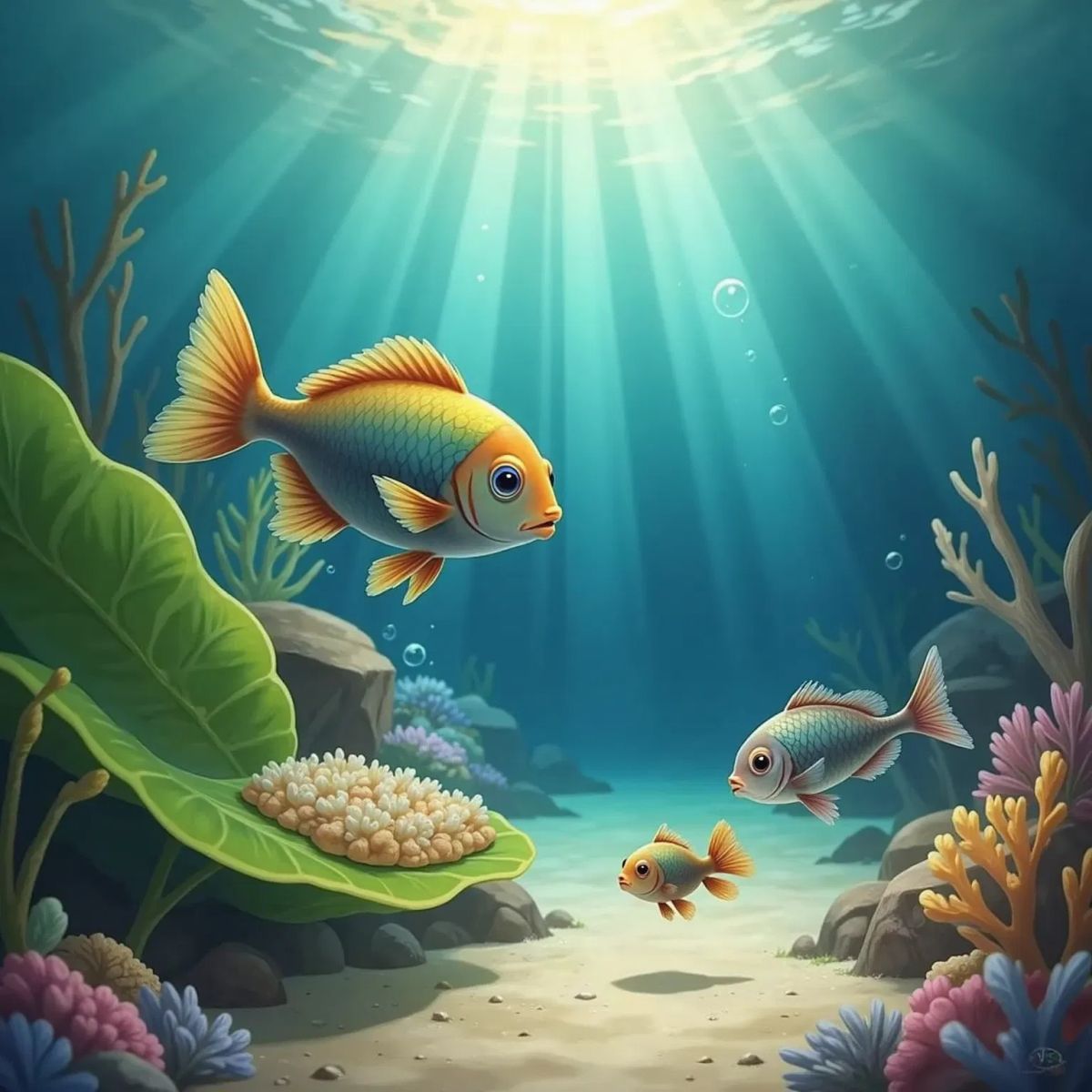 A cluster of tiny fish eggs on a leaf underwater. A tiny, transparent fry is swimming nearby, and a juvenile fish is growing larger next to an adult Finny, a very colorful fish.