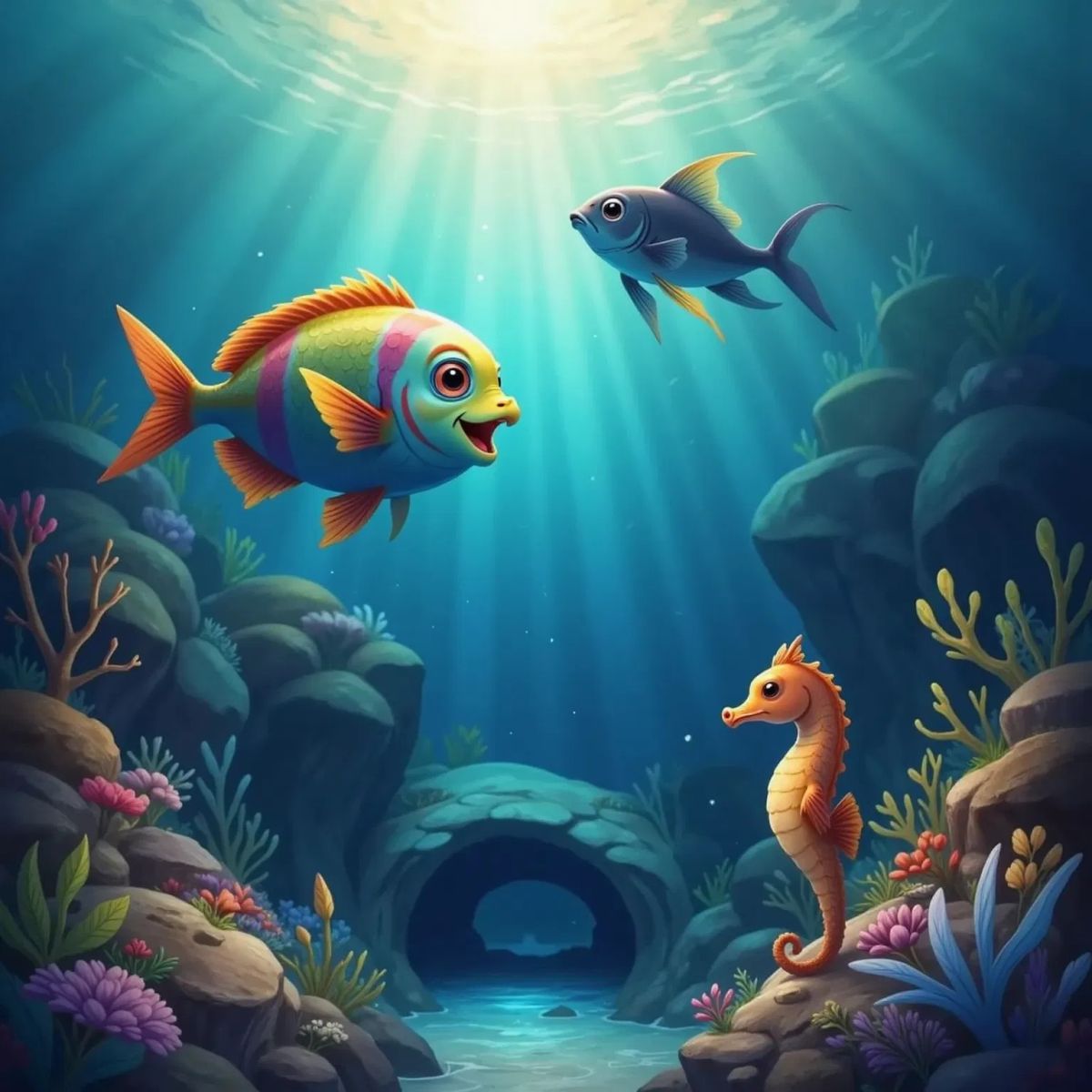 A flying fish gliding above the water surface, a lanternfish glowing in the dark deep sea, and a seahorse dad with a pouch and tiny seahorse babies. Finny, a very colorful fish, smiles nearby.