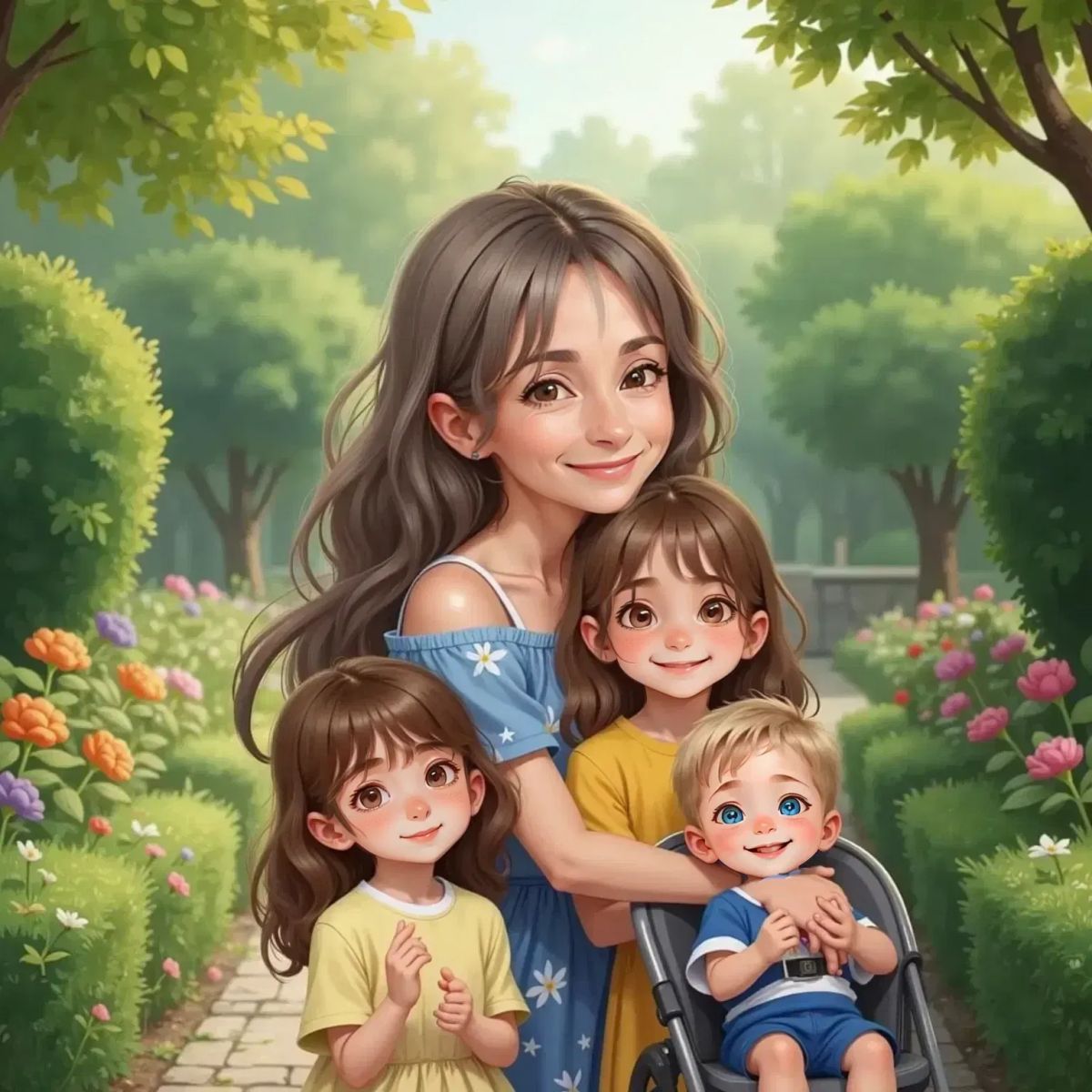 Nunna, a smiling 50-year-old woman with short grey hair and glasses, hugging Rachel, Amy, and baby Anthony. Rachel, an 11-year-old girl with curly black hair, is grinning; Amy, a 5-year-old girl with long brown hair, is clapping her hands; baby Anthony, a 1-year-old boy, is giggling in a stroller. A garden path and green bushes in the background.