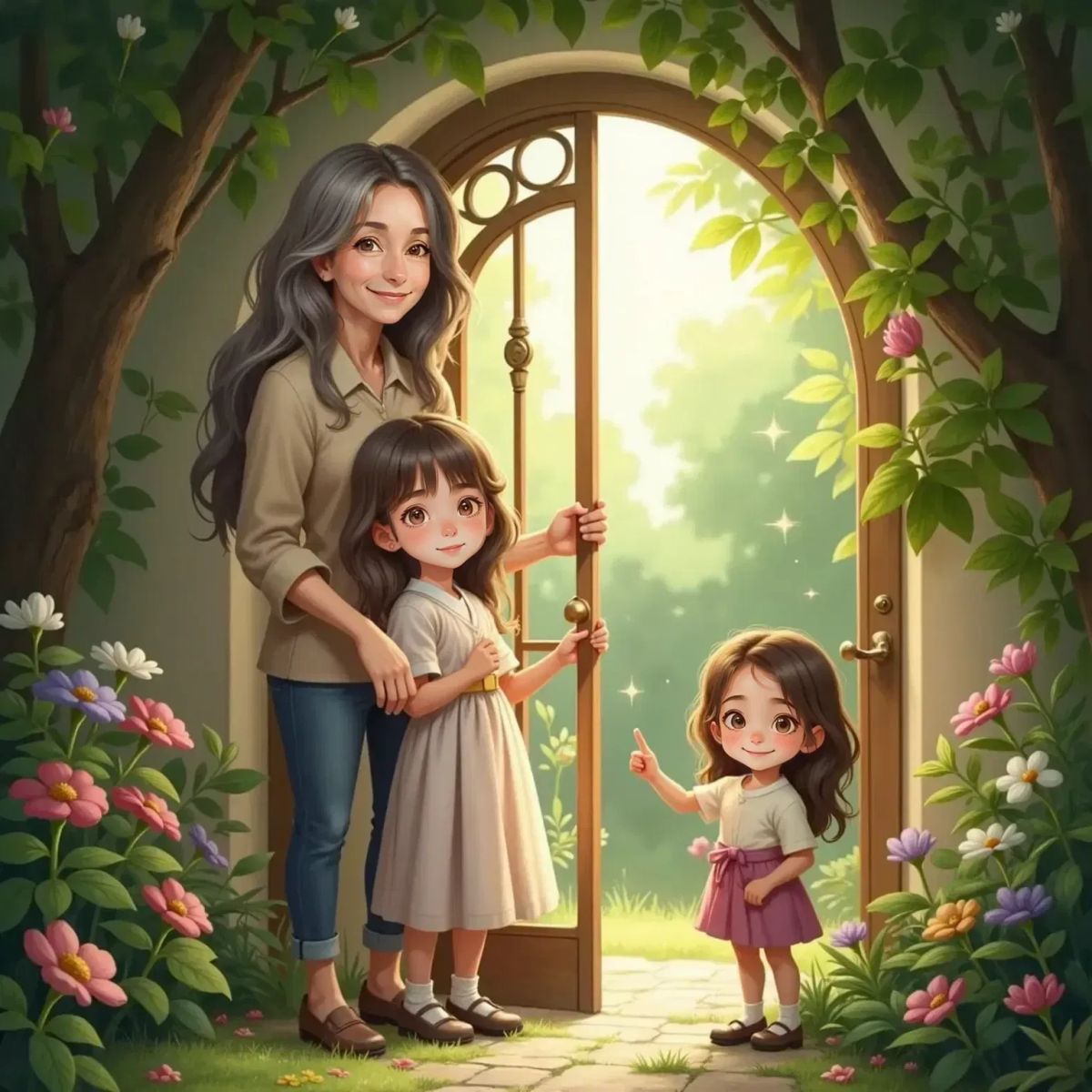 Rachel points at the sparkling gate while Nunna smiles and Amy reaches for the handle.