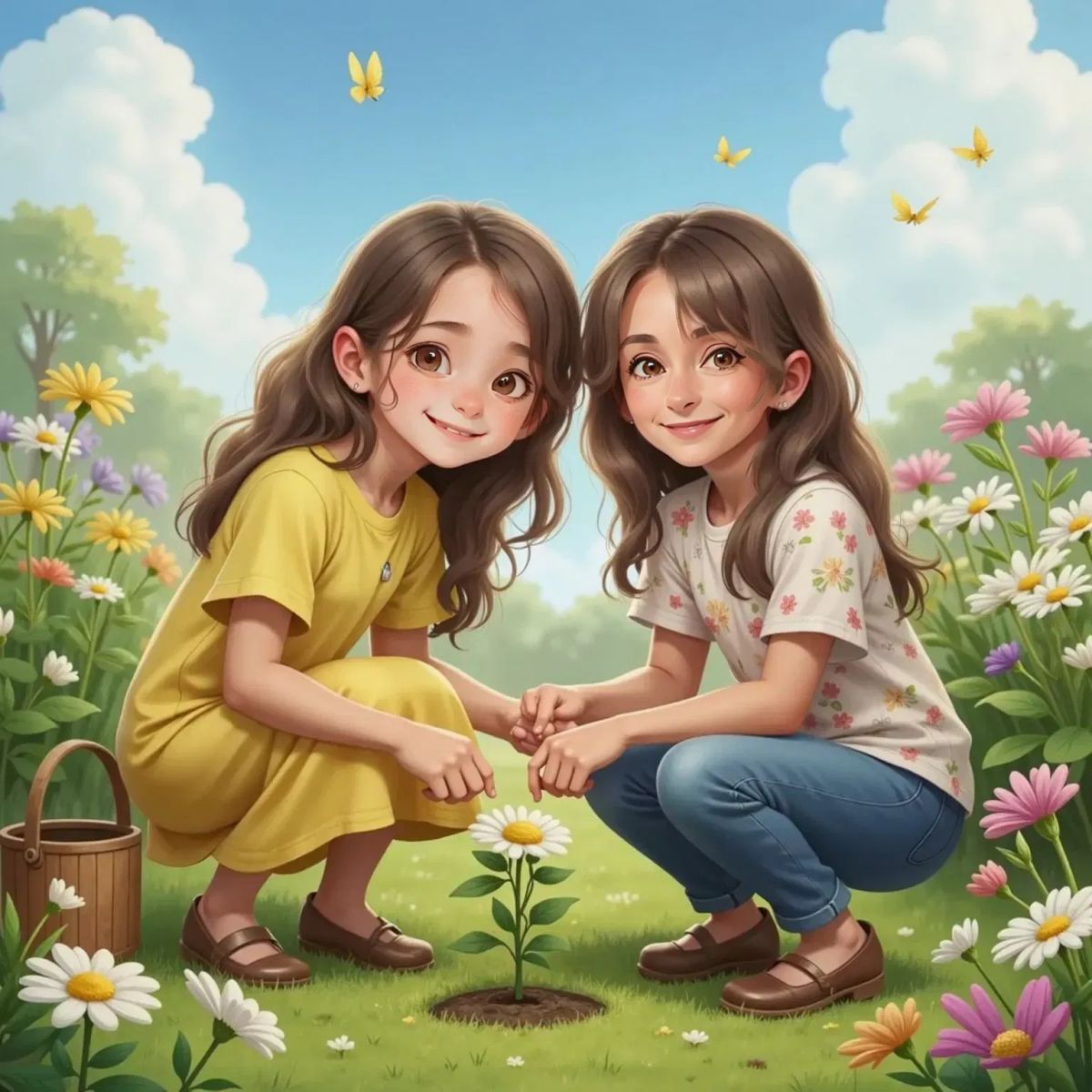 Amy and Nunna help a droopy daisy as happy flowers bloom behind them.