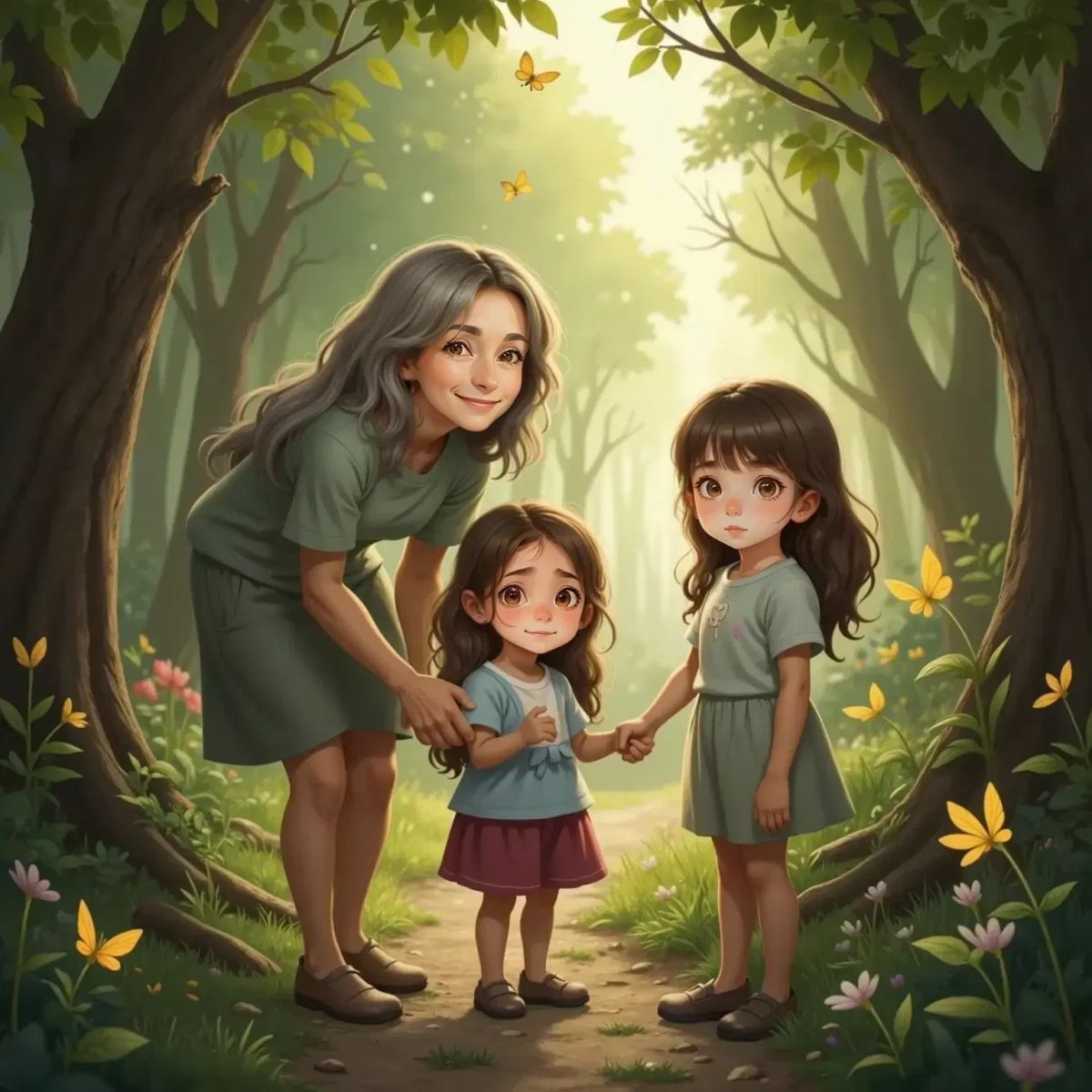 Amy, with a slightly worried expression, holding Nunna's hand. Rachel stands close, looking curious. Sunlight filters through shady trees, with butterflies glowing in the light above them.