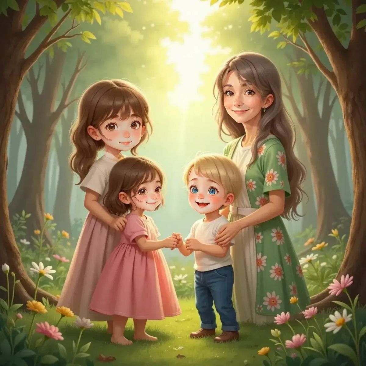 Anthony, a happy baby boy, grabbing Amy's finger and laughing. Nunna watches warmly. Rachel smiles, holding Nunna's hand. The woods around them are lit up with rainbow colors.