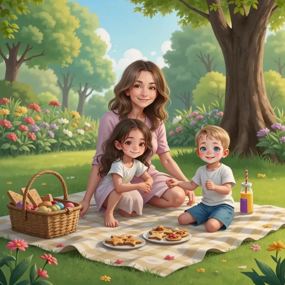 A cheerful Nunna spreading a blanket on the grass. Amy, smiling, shares a cookie with Anthony, who claps joyfully. Star-shaped sandwiches and a picnic basket are on the blanket; trees and garden flowers in the background.