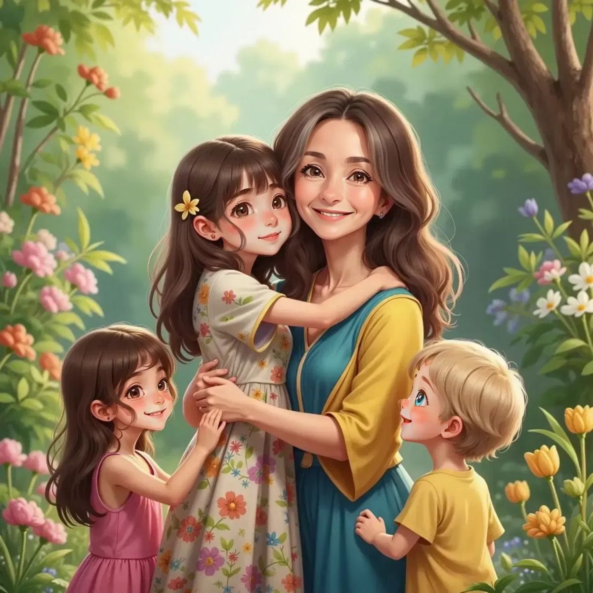 Rachel hugging Nunna tightly, both smiling. Amy watches happily. Baby Anthony, with a big grin, tries to join the hug. A magical garden with soft sunlight behind them.