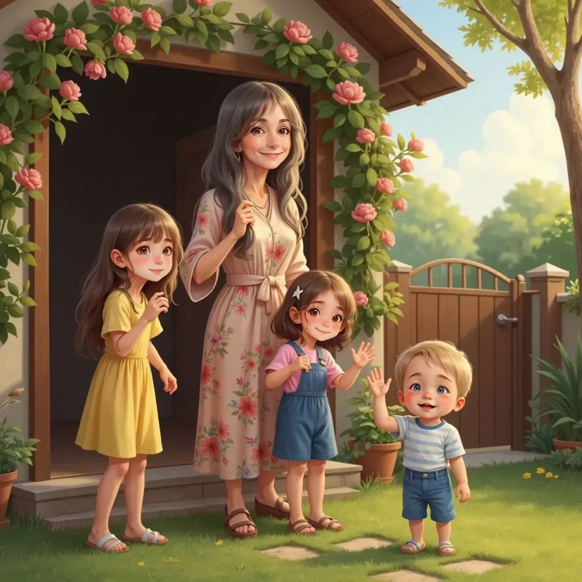 Nunna standing by a doorway, smiling warmly. Rachel, Amy, and Anthony stand with her; Rachel waves, Amy waves goodbye, and Anthony blows a messy kiss. The setting sun and garden gate in the background.