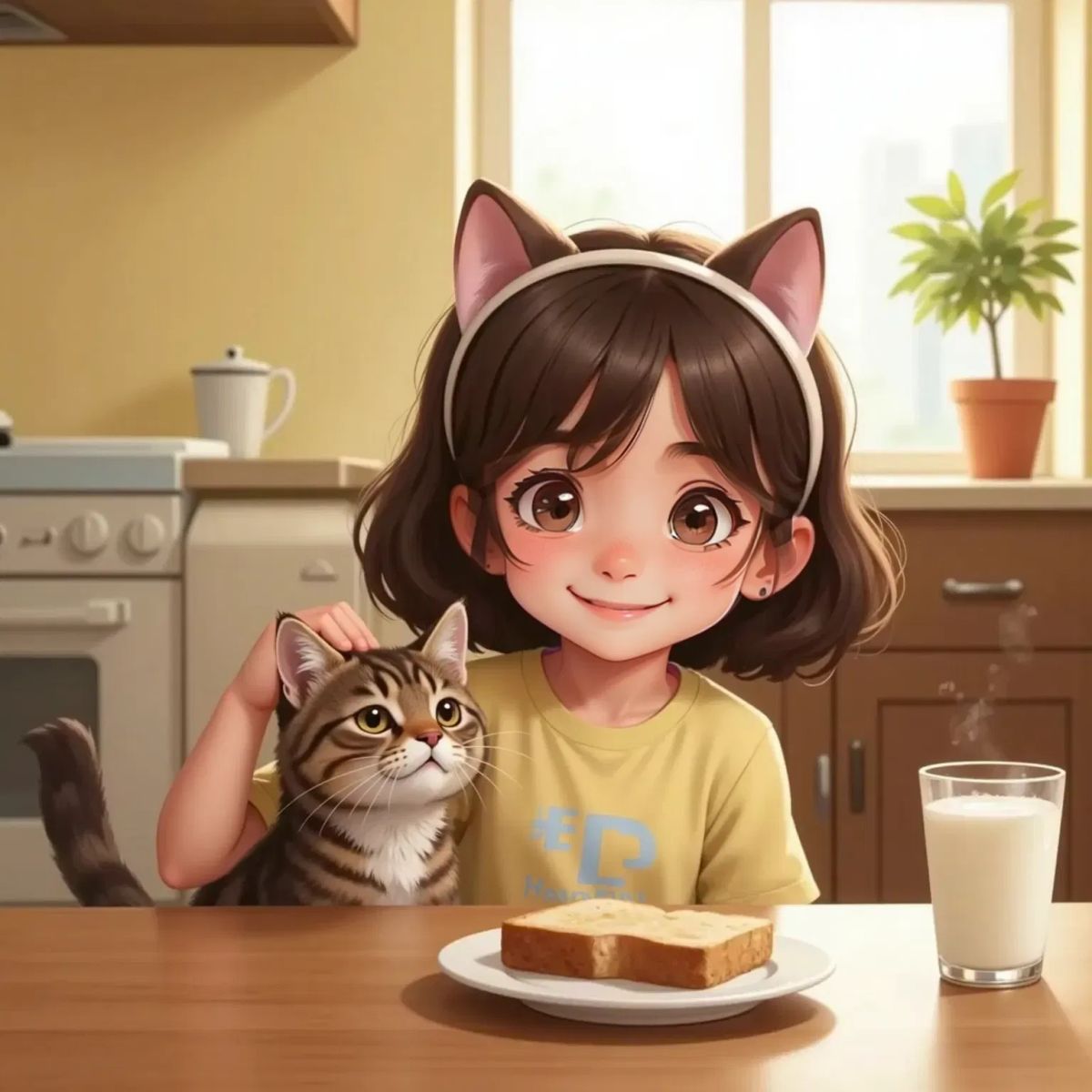 Ella, with long brown hair and a hopeful smile, scratching her fluffy tabby cat Purdy’s head in a sunlit kitchen with plain toast on the table, no decorations in sight.