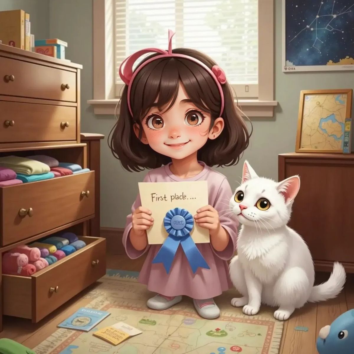 Ella, giggling with delight, holding a note and a blue ribbon, Purdy beside her, in a cozy bedroom with drawers open and maps scattered.
