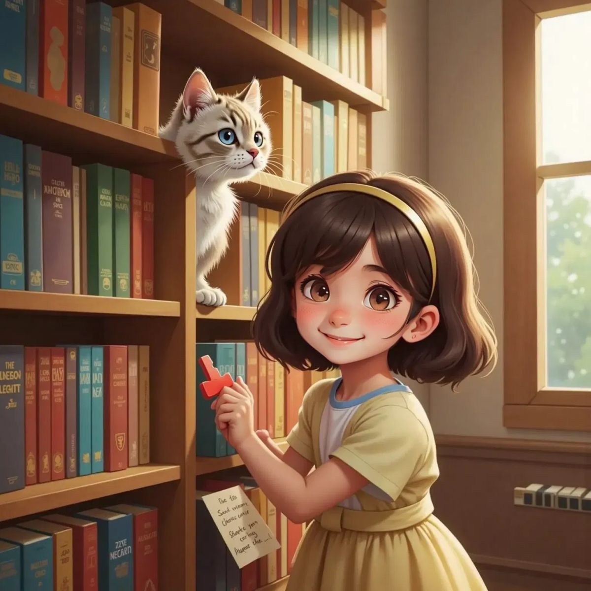 Ella, smiling and curious, searching behind books on a tall bookshelf, Purdy perched on a shelf, a puzzle piece and clue visible.