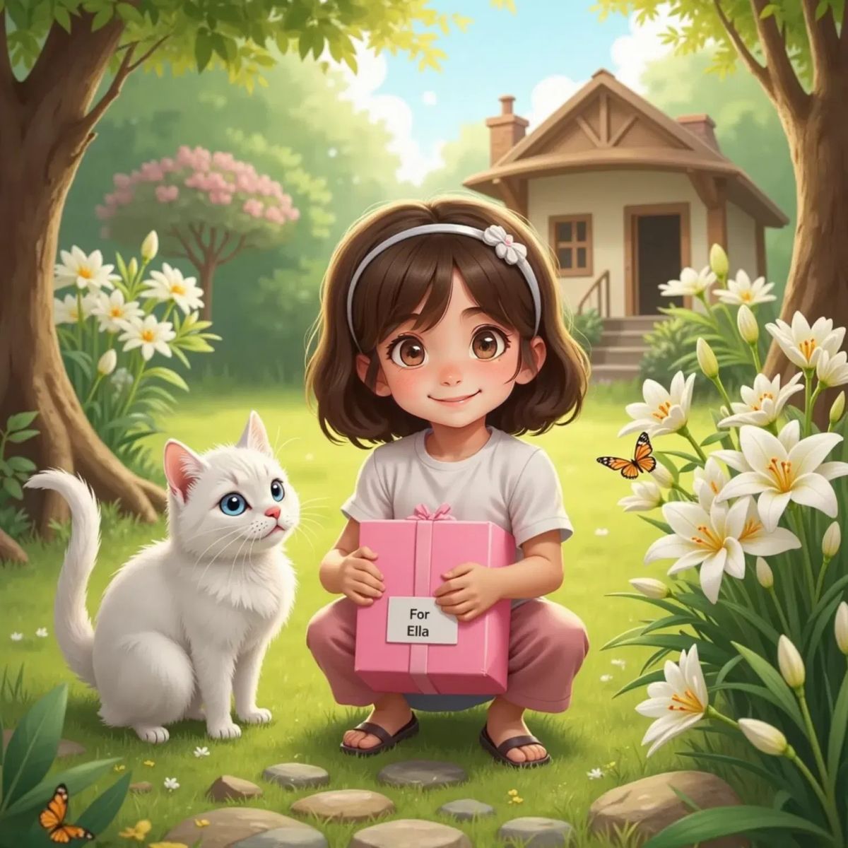Ella, thrilled and wide-eyed, kneeling in a sunny garden near blooming white lilies, holding a pink-wrapped box labeled 'For Ella,' Purdy beside her.