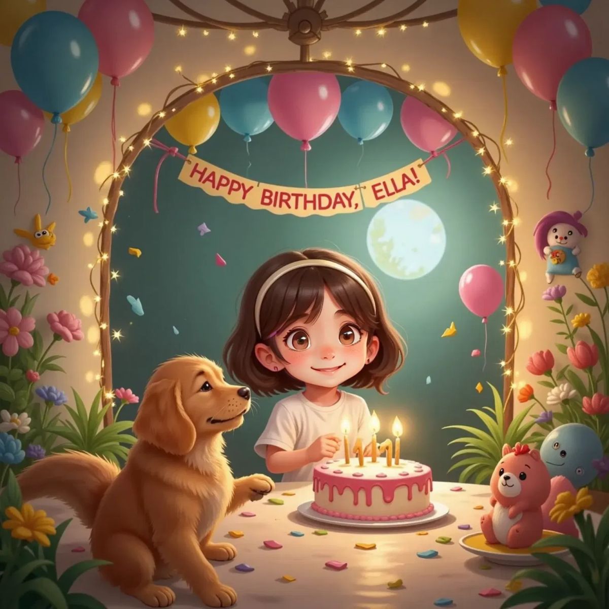 Ella, eyes wide with delight, entering a small round door behind the stairs into a room filled with balloons, sparkling lights, a 'Happy Birthday, Ella!' banner, and a pink-frosted vanilla cake; Purdy winking beside her.