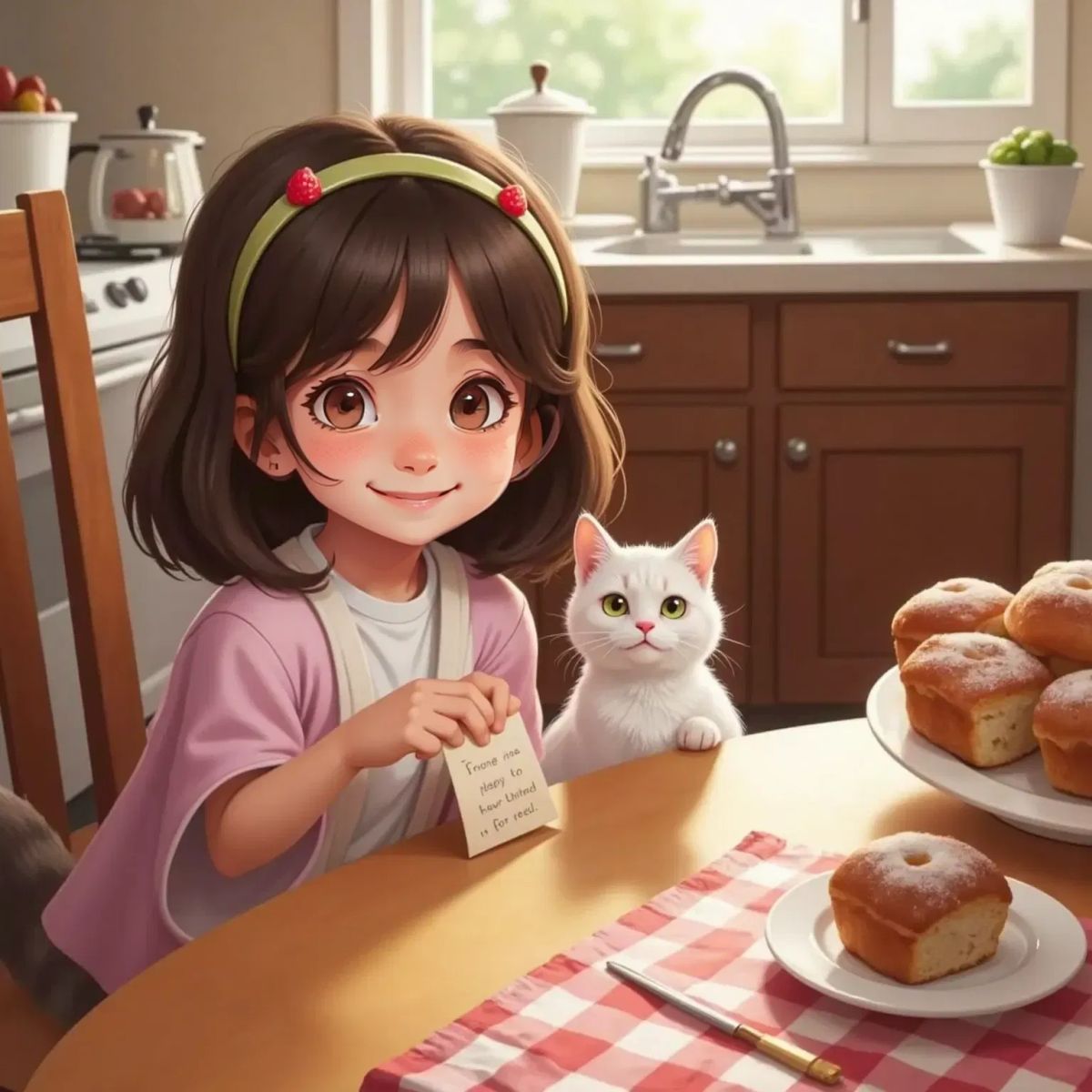 Ella, cheerful and excited, peeking under a kitchen seat with cinnamon buns on the table, a tiny red-sprinkled note in her hand, Purdy nearby.