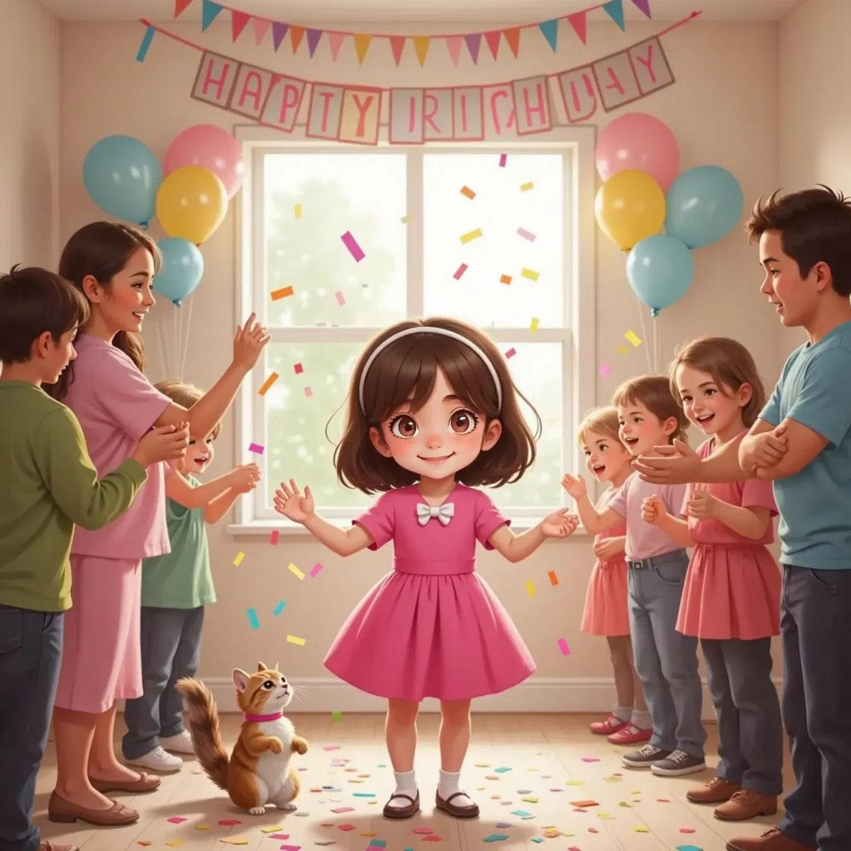 Ella, beaming joyfully, surrounded by friends and family tossing confetti in a decorated party room, Purdy dancing on the floor.