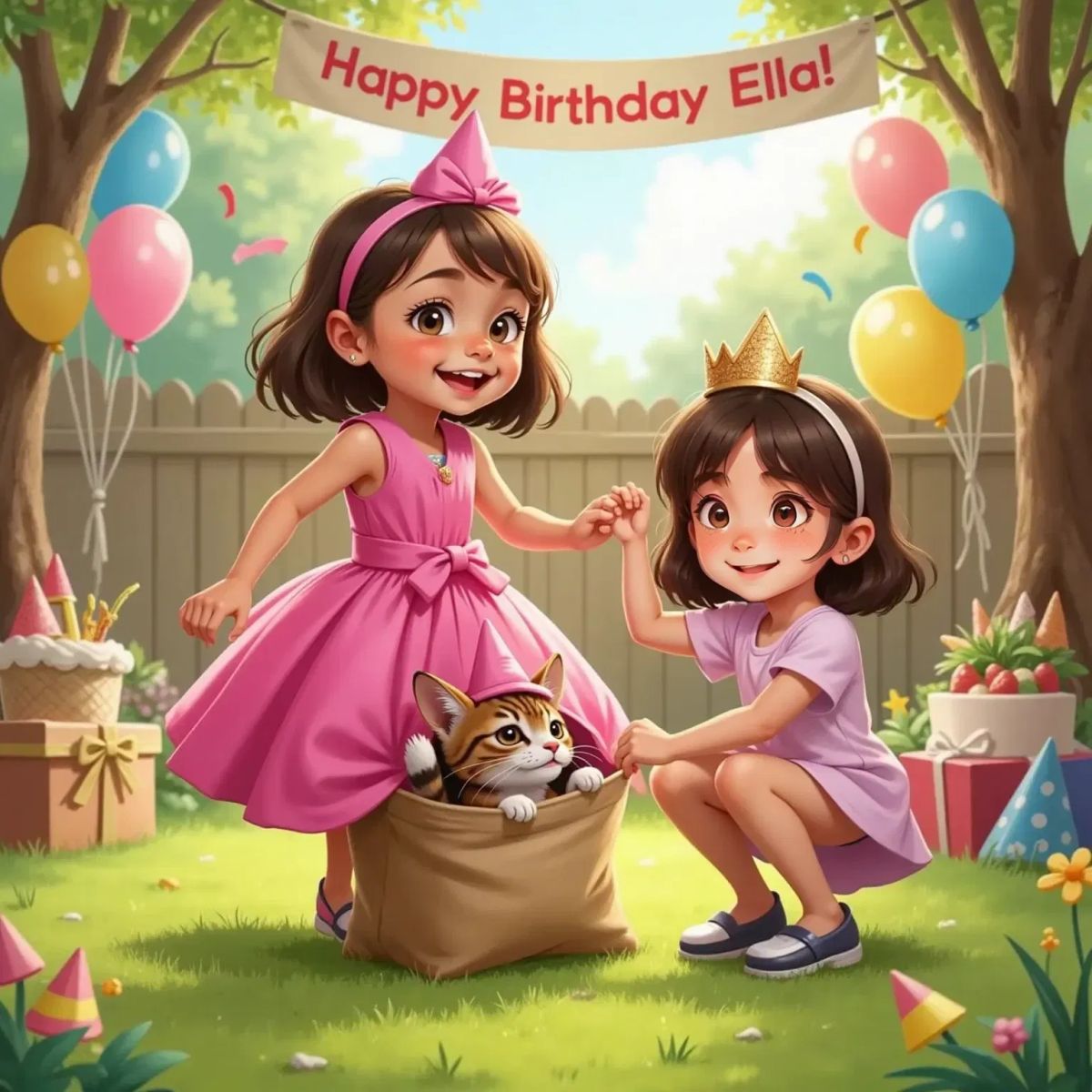 Ella, laughing in a party gown, racing in a sack hop with her fluffy tabby cat Purdy, her best friend Mia placing a glittery crown on her head, colorful party hats and decorations in the background.