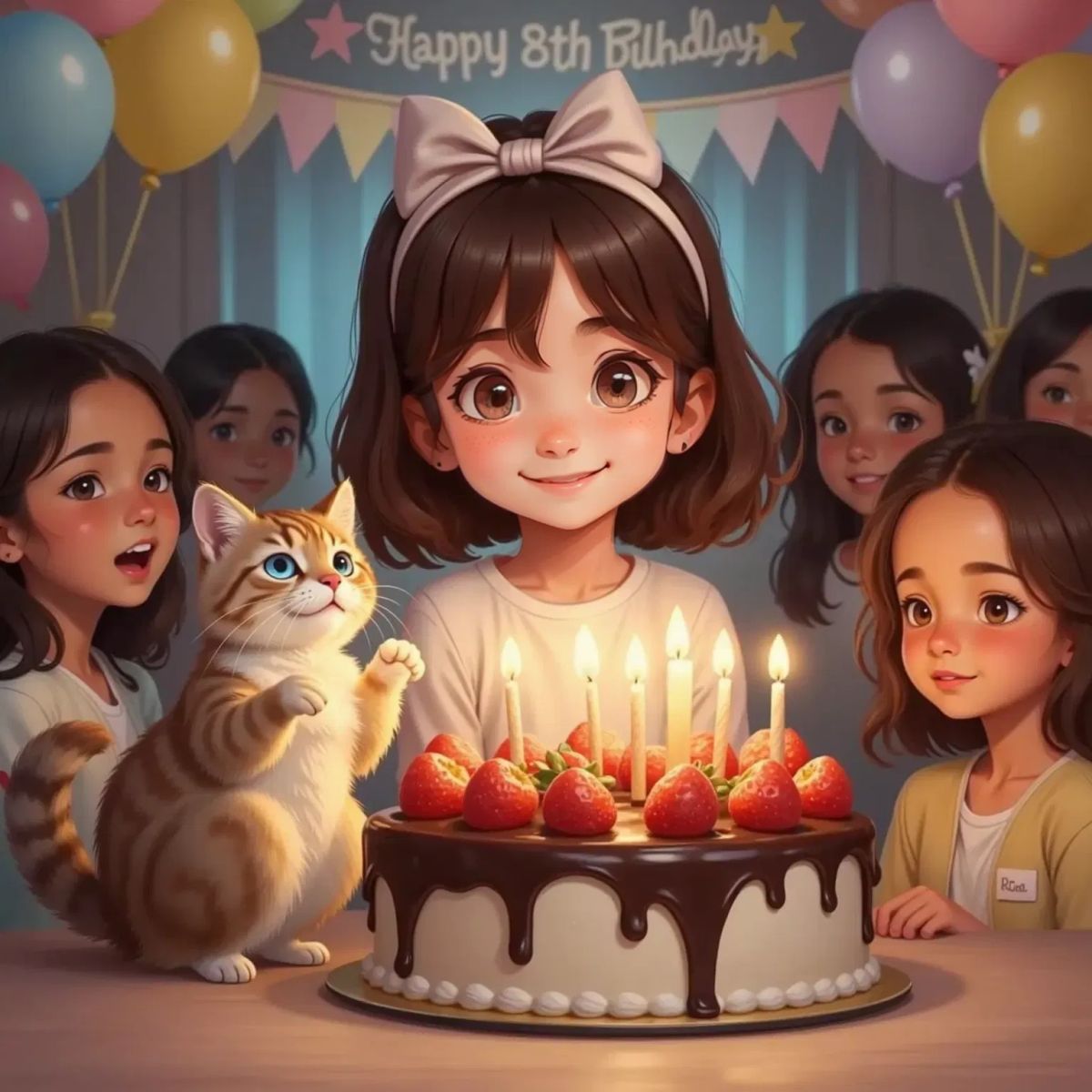 Ella, eyes closed and smiling, making a wish before a huge cake with strawberries, candles, and chocolate streams, Purdy tapping her gently, surrounded by glowing faces.