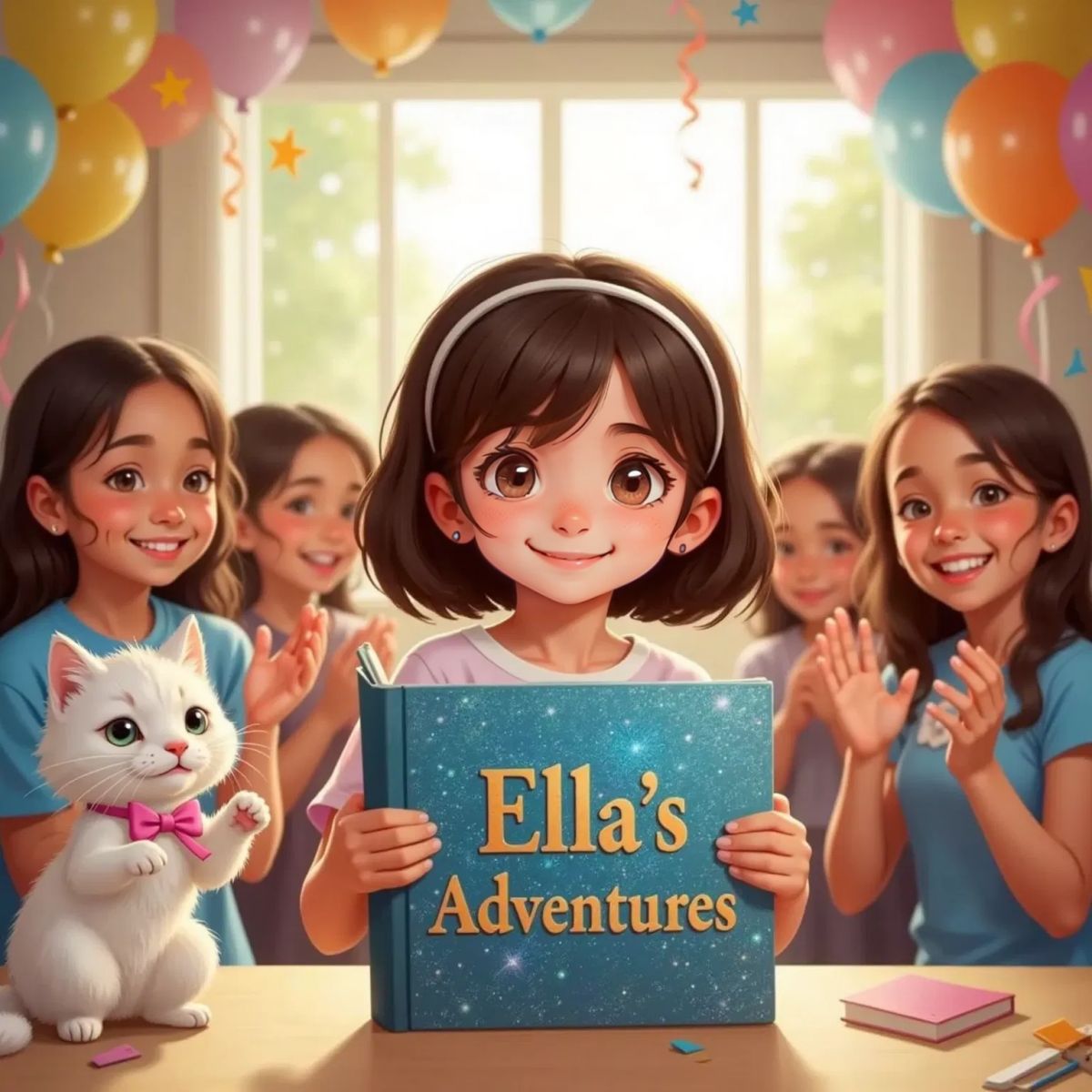 Ella, delighted and hugging a scrapbook with glittery cover, surrounded by smiling friends, family, and Purdy, party decorations in the background.