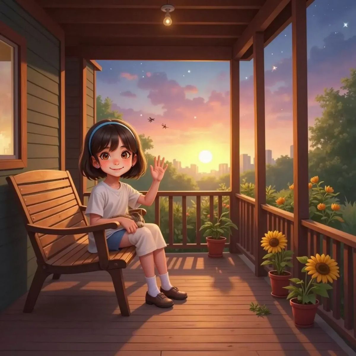 Ella, serene and happy, sitting with Purdy on a porch at sunset, fireflies glowing in the air, waving friends in the distance, the sky painted with evening colors.