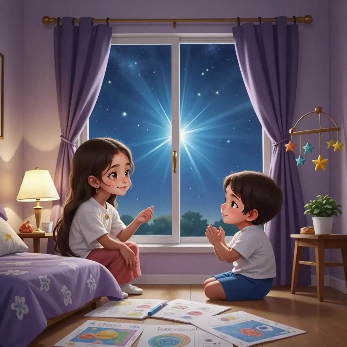 Chloe gazing out her bedroom window at a star-filled night sky, her eyes wide with wonder. Emilio sits beside her, giggling. Crayon drawings of tall ladders and stars scattered on the floor.