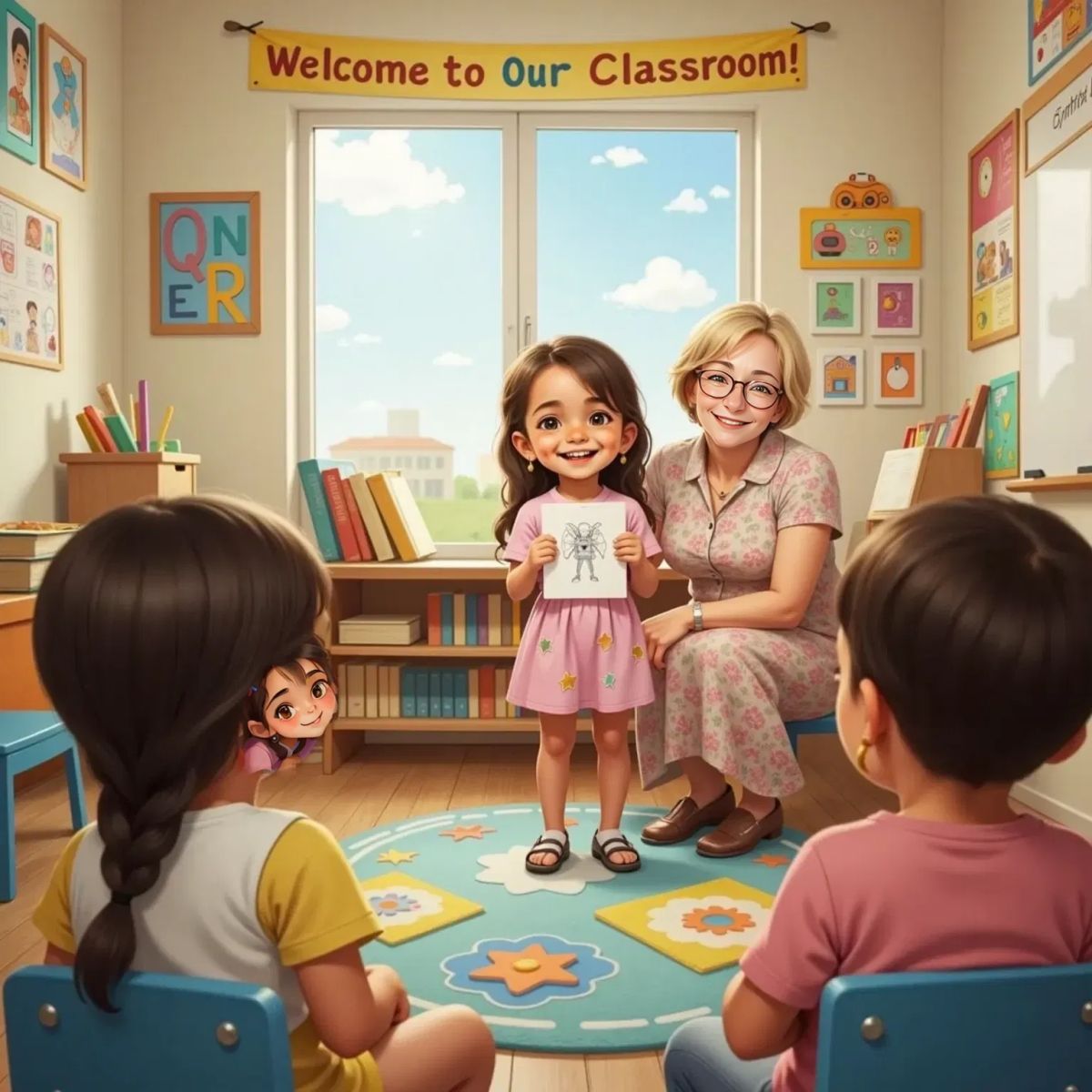 Chloe standing proudly at circle time in a colorful classroom, beaming with pride. Mrs. Schutter, a kind 40-year-old woman with curly hair and glasses, smiles gently nearby.