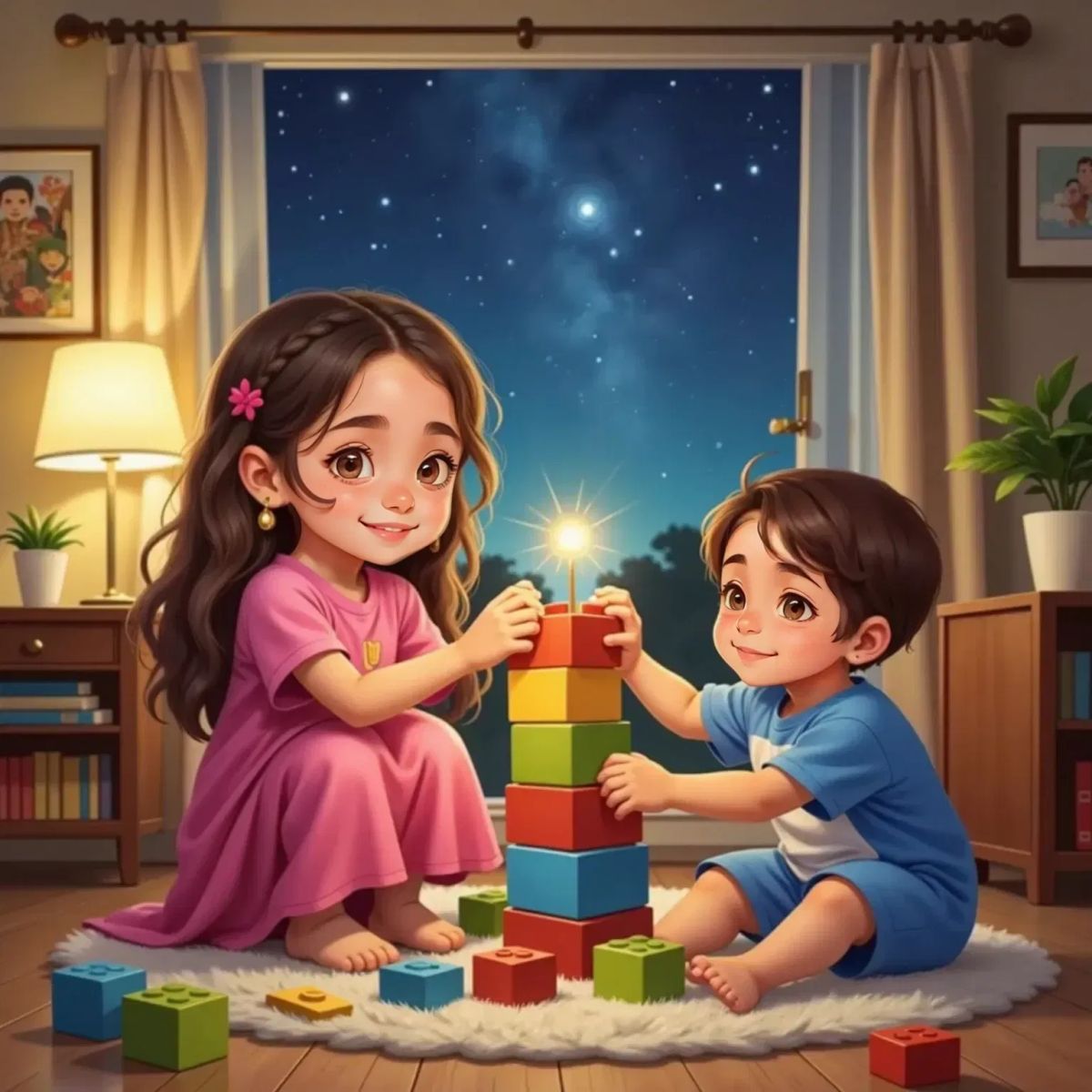 Chloe and Emilio smiling, building a tall, wobbly block tower together in a cozy living room. Stars twinkle outside the window.