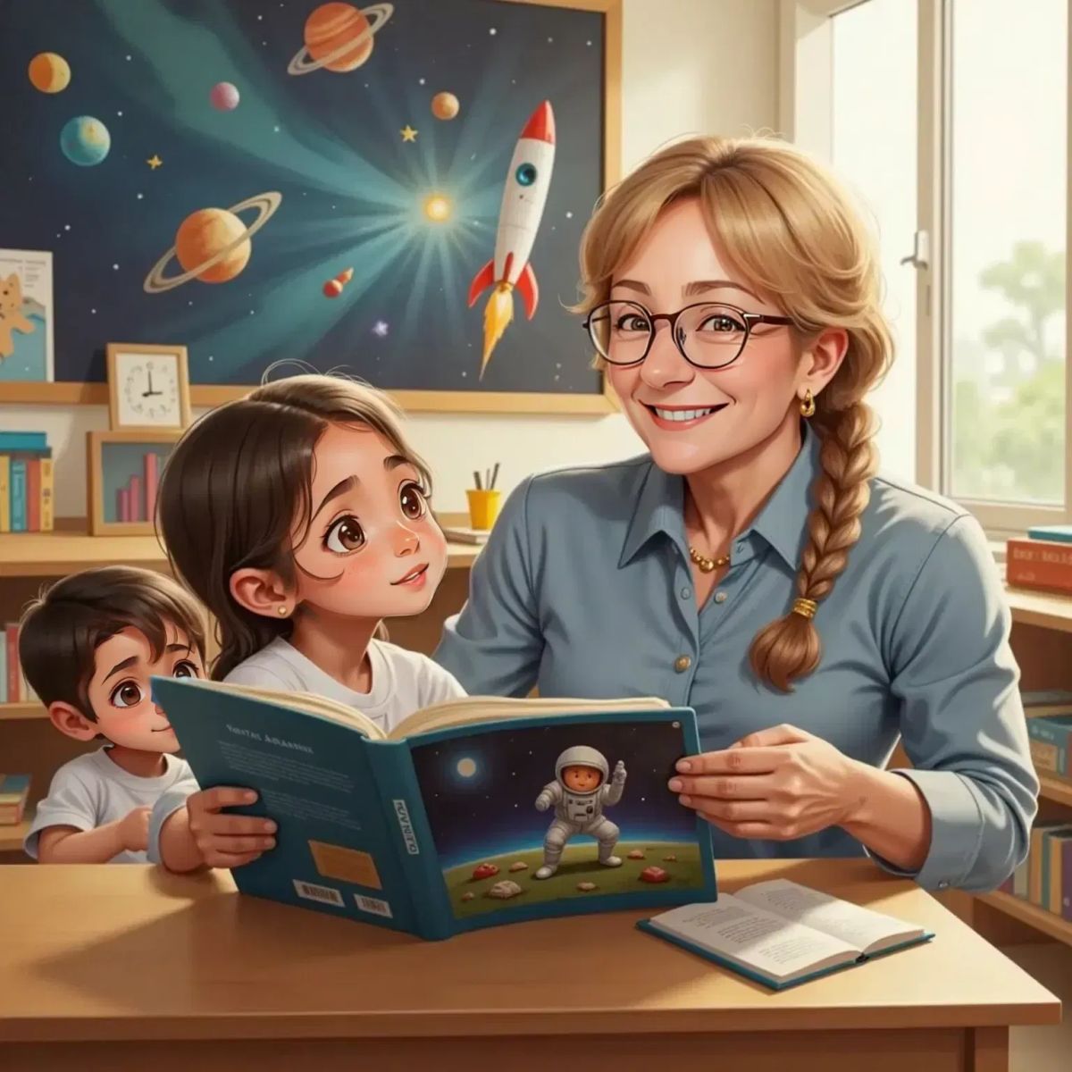 Mrs. Schutter, a 40-year-old woman with curly hair and glasses, showing large pictures of astronauts and rockets to Chloe, who looks amazed. Emilio peeks from behind Chloe, holding her arm.
