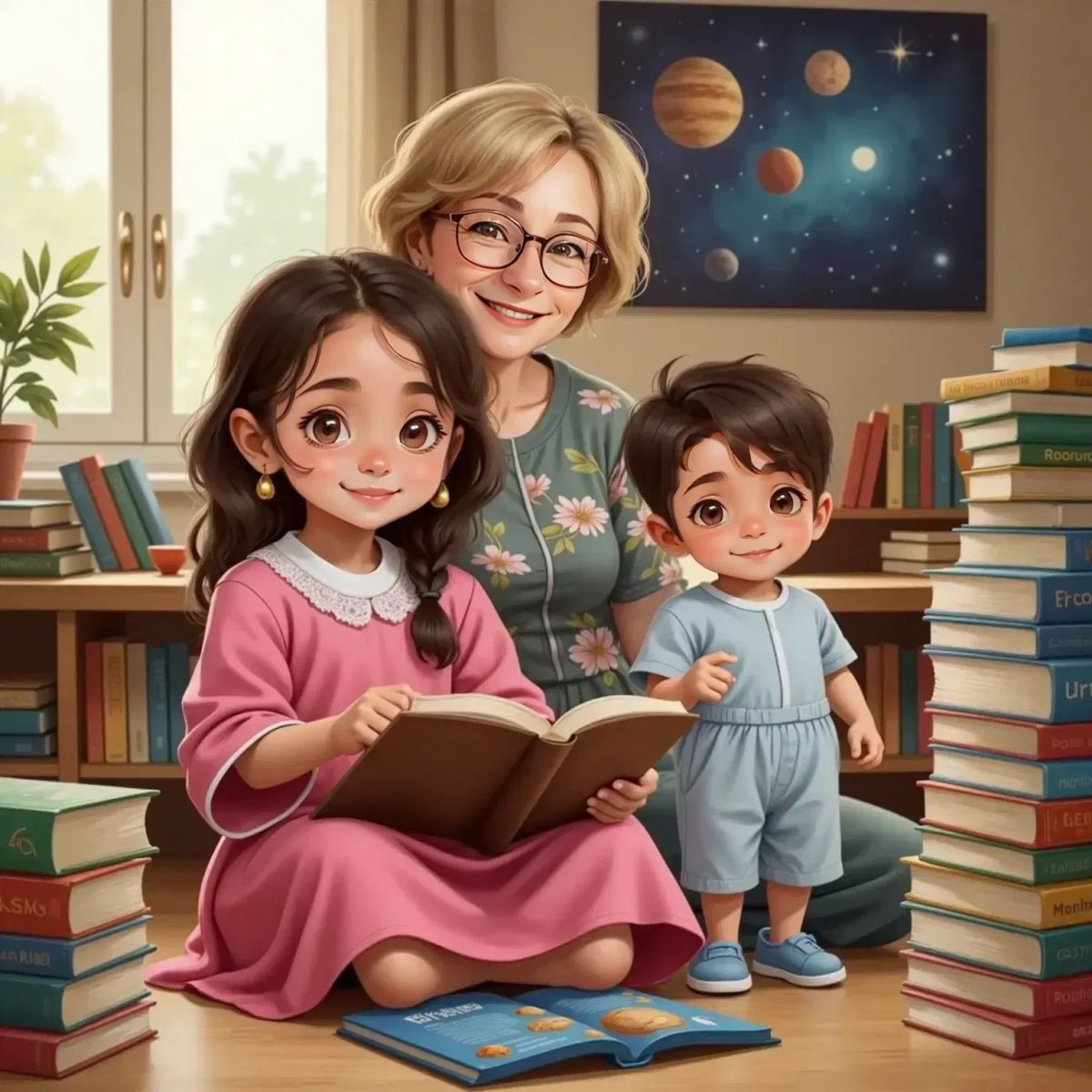 Chloe sitting on the floor surrounded by tall stacks of books about rockets and planets. Emilio points at a picture of the moon, both looking fascinated. Mrs. Schutter stands nearby, smiling encouragingly.