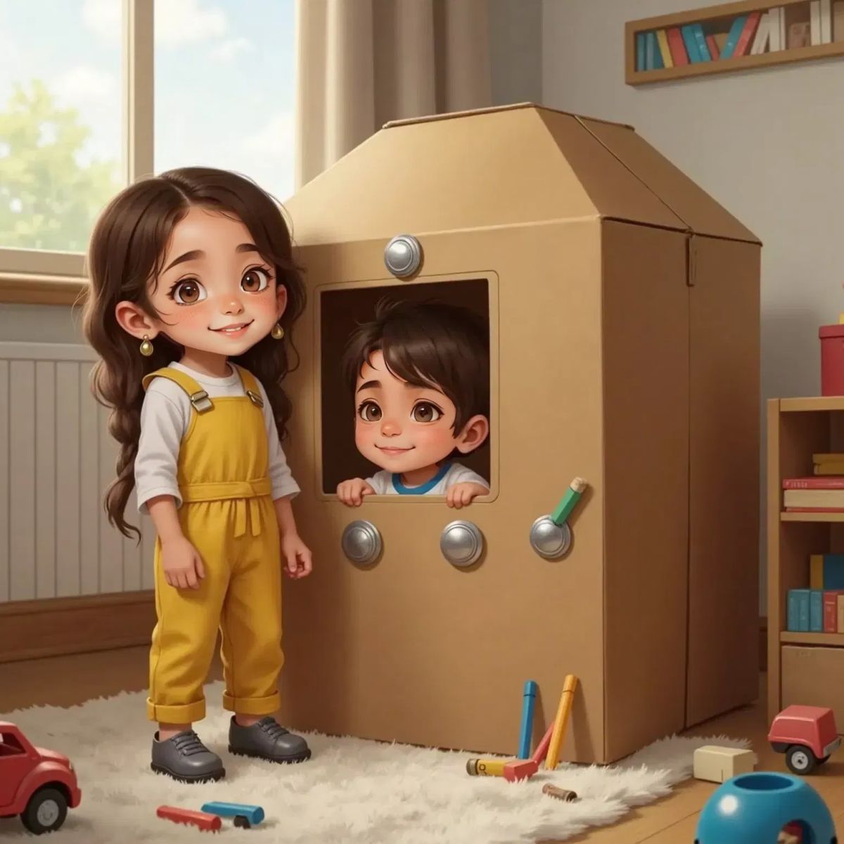 Chloe and Emilio in a bedroom, building a rocket ship out of stacked cardboard boxes decorated with silver pen buttons. Emilio giggles from inside the box, Chloe stands beside it, proud.