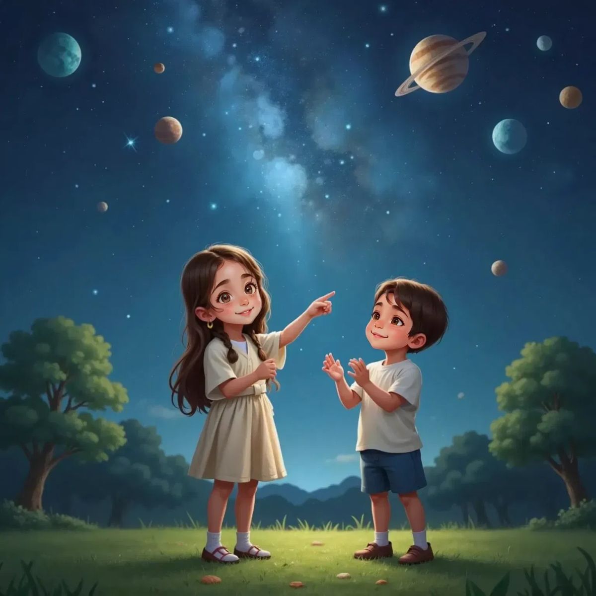Chloe and Emilio outside at night, standing on grass, arms raised toward a starry sky. Chloe points out Venus and Mars, Emilio claps with excitement.