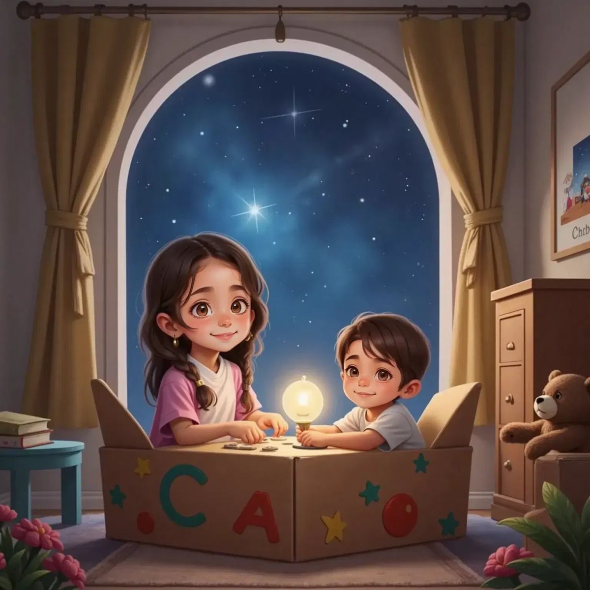 Chloe and Emilio inside their cardboard rocket, Chloe with a determined face, Emilio smiling as he pretends to steer. Bedroom window shows twinkling stars outside.