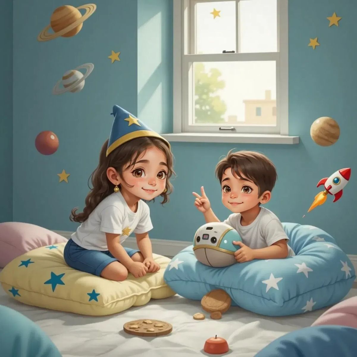 Chloe and Emilio floating on pillows in a bedroom, surrounded by drawn stars and comets. Chloe wears a captain's hat, Emilio grins, pointing at a paper alien behind a pillow.