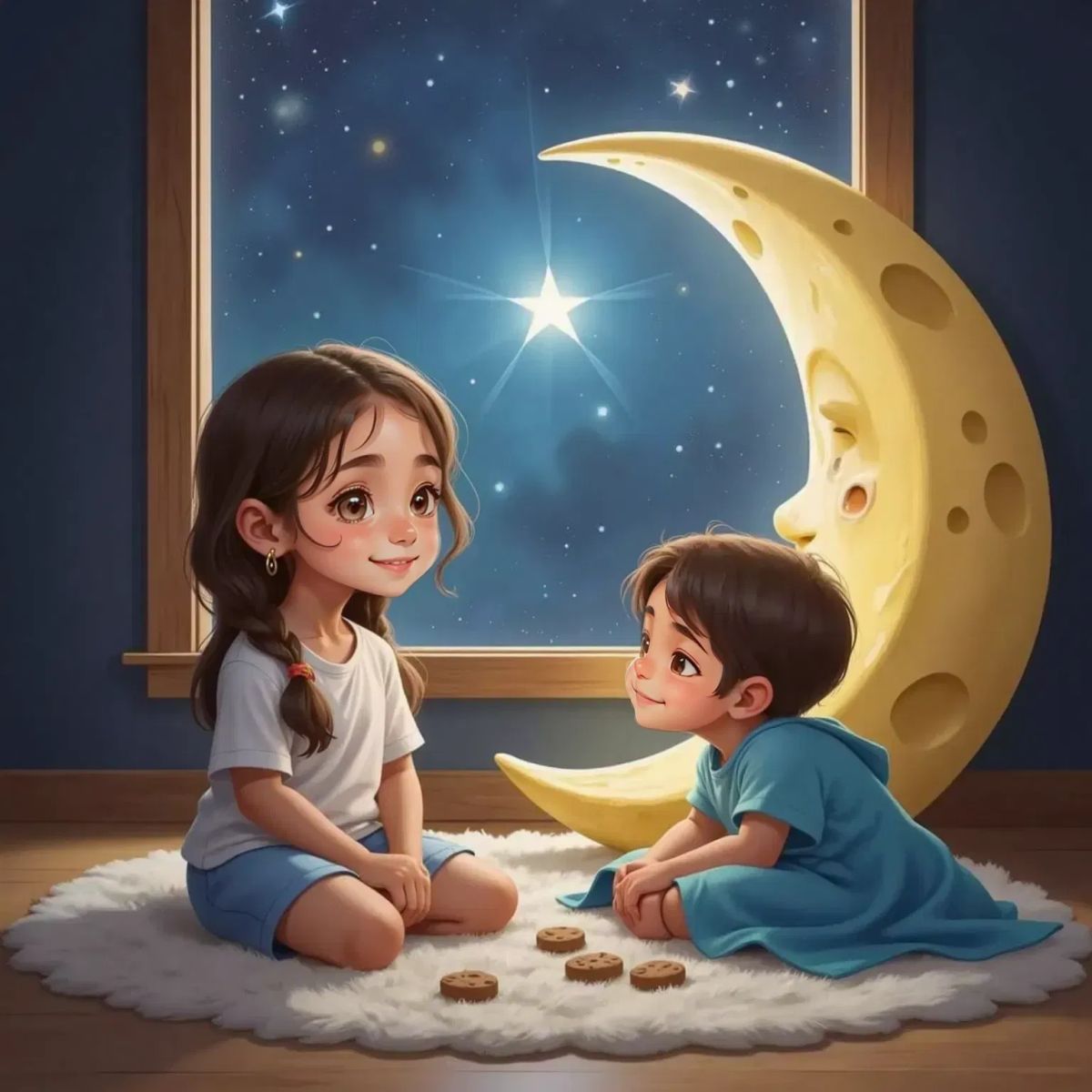 Chloe and Emilio on a blanket 'moon' in their room. Chloe looks up at the stars through the window, eyes wide. Emilio snuggles under a blue blanket, toy cookies and pretend moon rocks beside him.