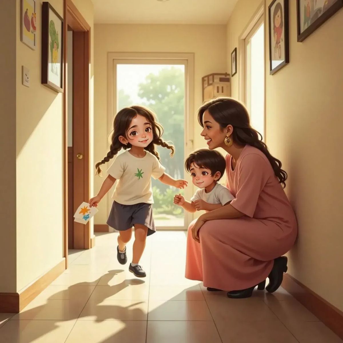 Chloe and Emilio running joyfully to their smiling Mama, who kneels with arms open in a warmly lit hallway. Chloe holds a star drawing, Emilio giggles, both faces shining.