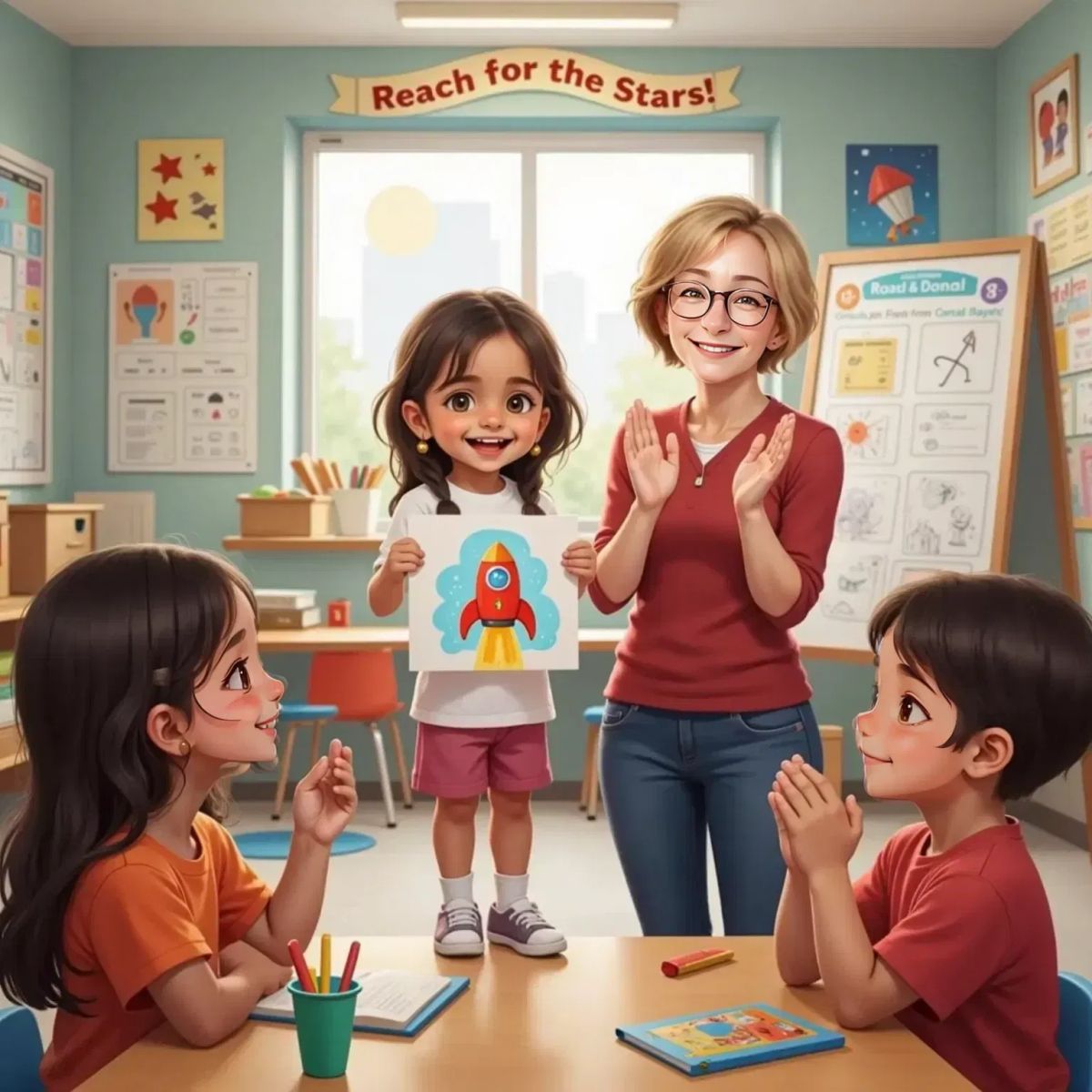 Chloe standing proudly in a classroom, holding up a colorful rocket drawing. Emilio stands beside her, smiling. Friends and Mrs. Schutter, a 40-year-old woman with curly hair and glasses, watch and clap.
