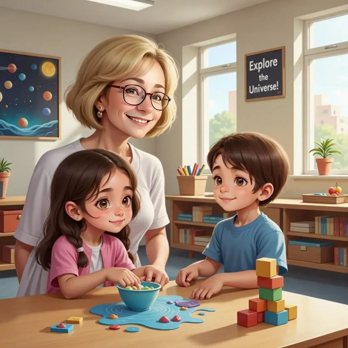 Mrs. Schutter, a 40-year-old woman with curly hair and glasses, leads a science lesson in a bright classroom. Chloe mixes paint to make planets, Emilio grins while stacking blocks.