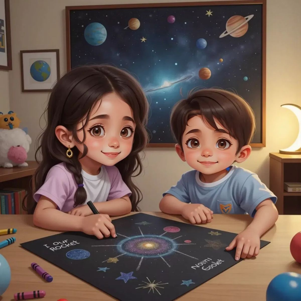 Chloe drawing stars and planets on black paper at a table, Emilio points excitedly at a drawing labeled 'Our Rocket'. Their handmade galaxy map hangs on the bedroom wall.