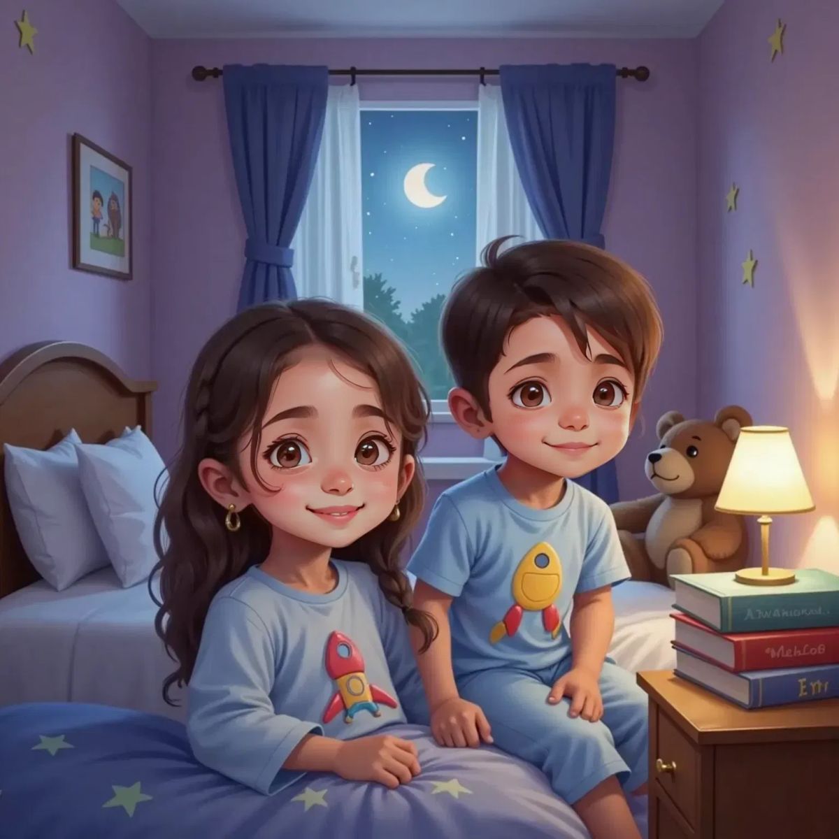 Chloe in rocket pajamas, lying in bed with a dreamy smile. Emilio in a nearby bed, giggling and making a silly face. Bedroom window shows a gentle starry night.