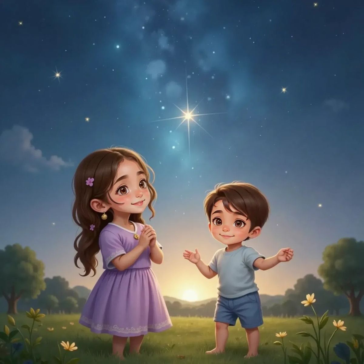 Chloe and Emilio outside at dusk, looking up at a sky full of twinkling stars. Chloe clasps her hands, eyes closed making a wish. Emilio waves his arms, pretending to fly.