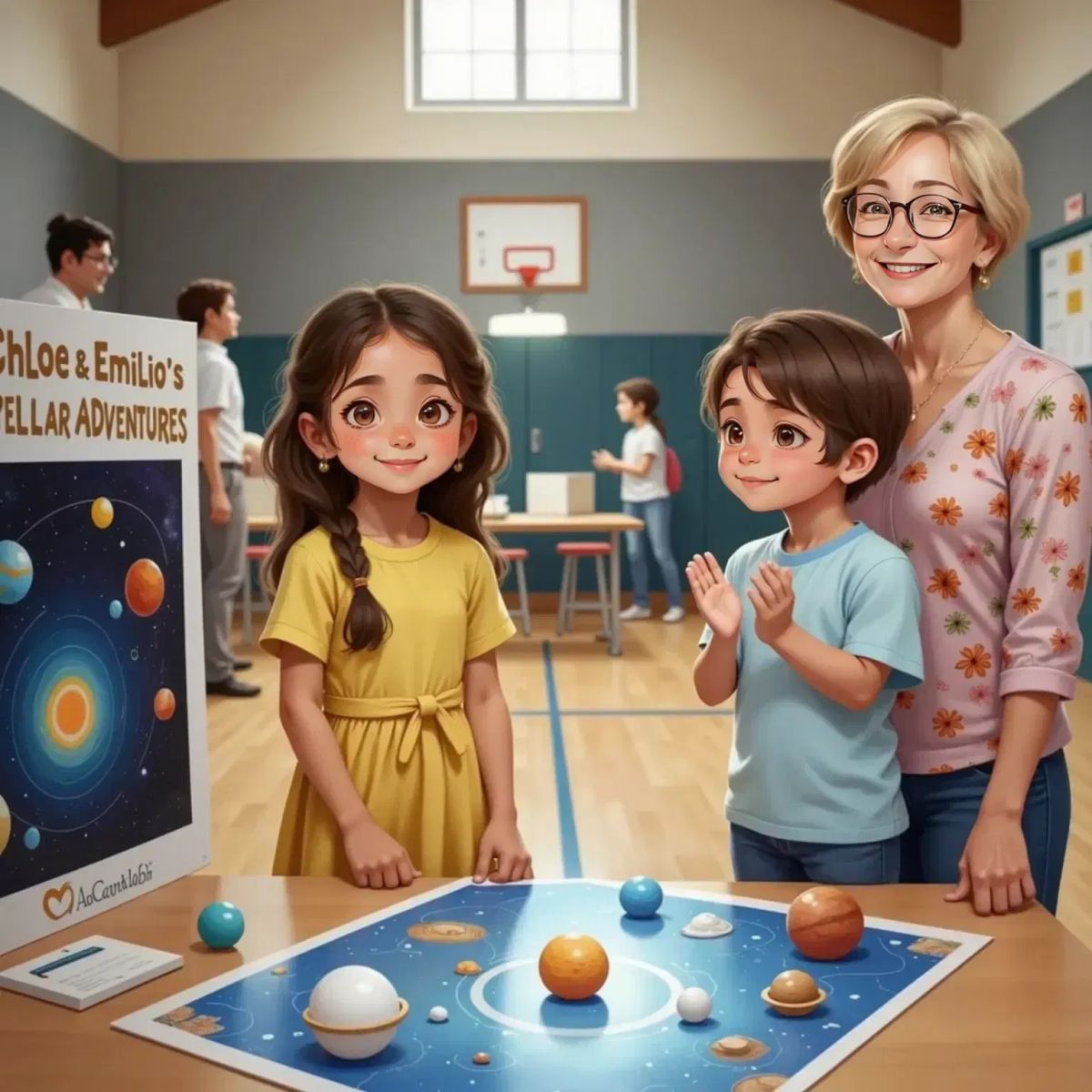 Chloe dressed neatly, standing at a science fair table displaying her star map and models. Emilio stands beside her, wearing a playful hat and beaming. Mrs. Schutter, a 40-year-old woman with curly hair and glasses, smiles proudly nearby.