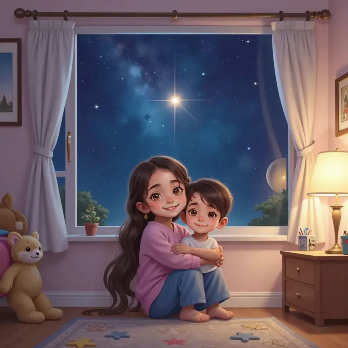 Chloe and Emilio hugging under a starry sky seen through their bedroom window. One star shines extra bright. Chloe smiles with hope, Emilio grins with joy.
