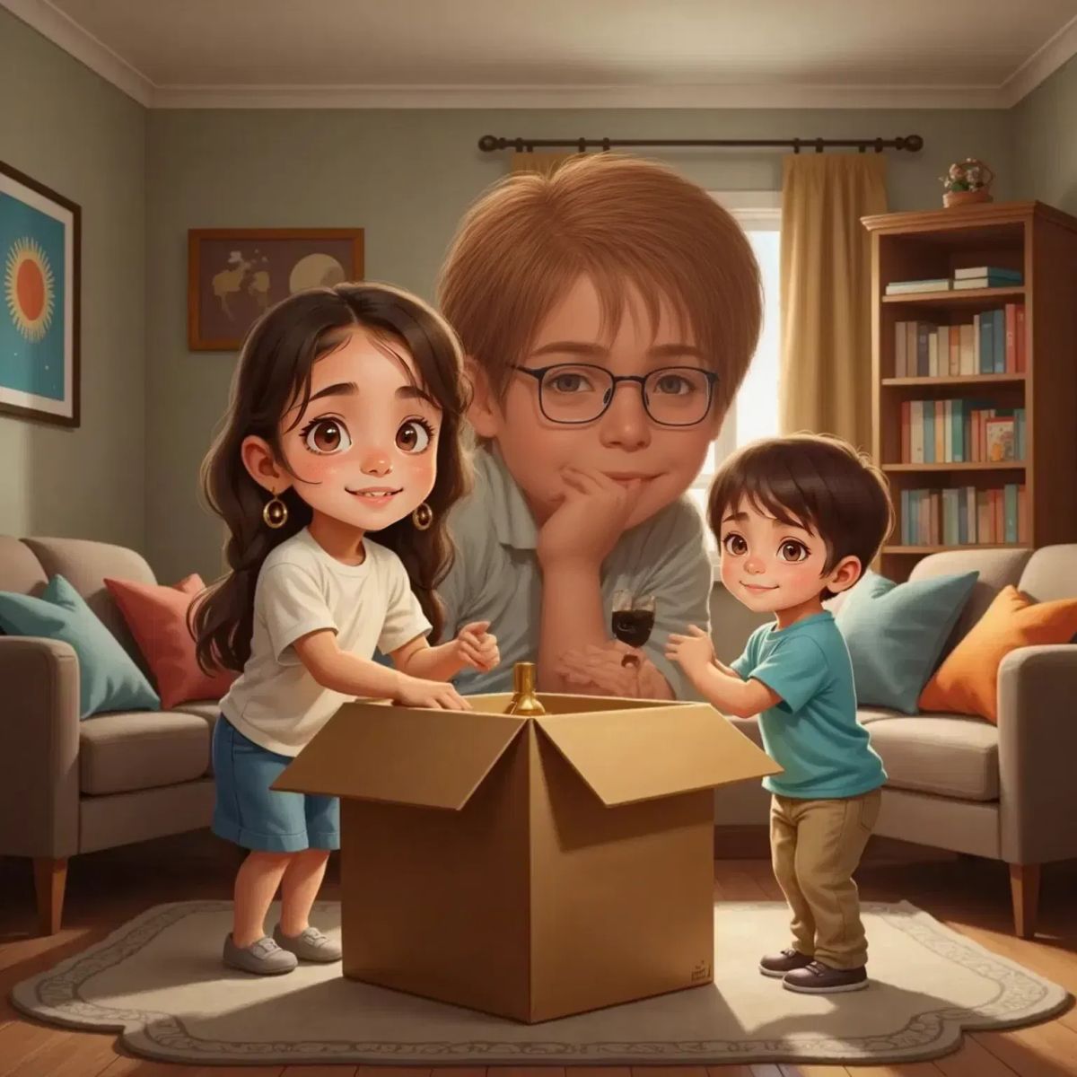 Chloe and Emilio with Papa, a smiling man with glasses, opening a box containing a shiny telescope in a cozy living room. Chloe looks thrilled, Emilio bounces with excitement.