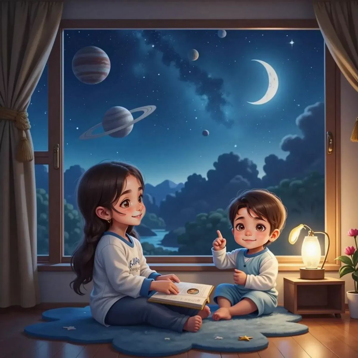Chloe, now a bit older, sitting by the window at night with a book about space open on her lap. Emilio, still young, giggles nearby. Both gaze at a sky full of stars, faces full of dreams.